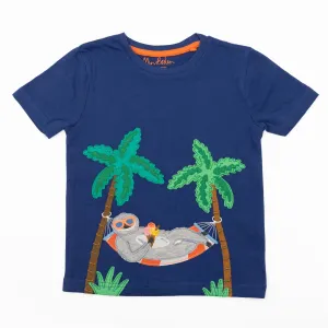 Mini Boden Boys Relaxing Sloth Holiday Navy Blue Short Sleeve Tops