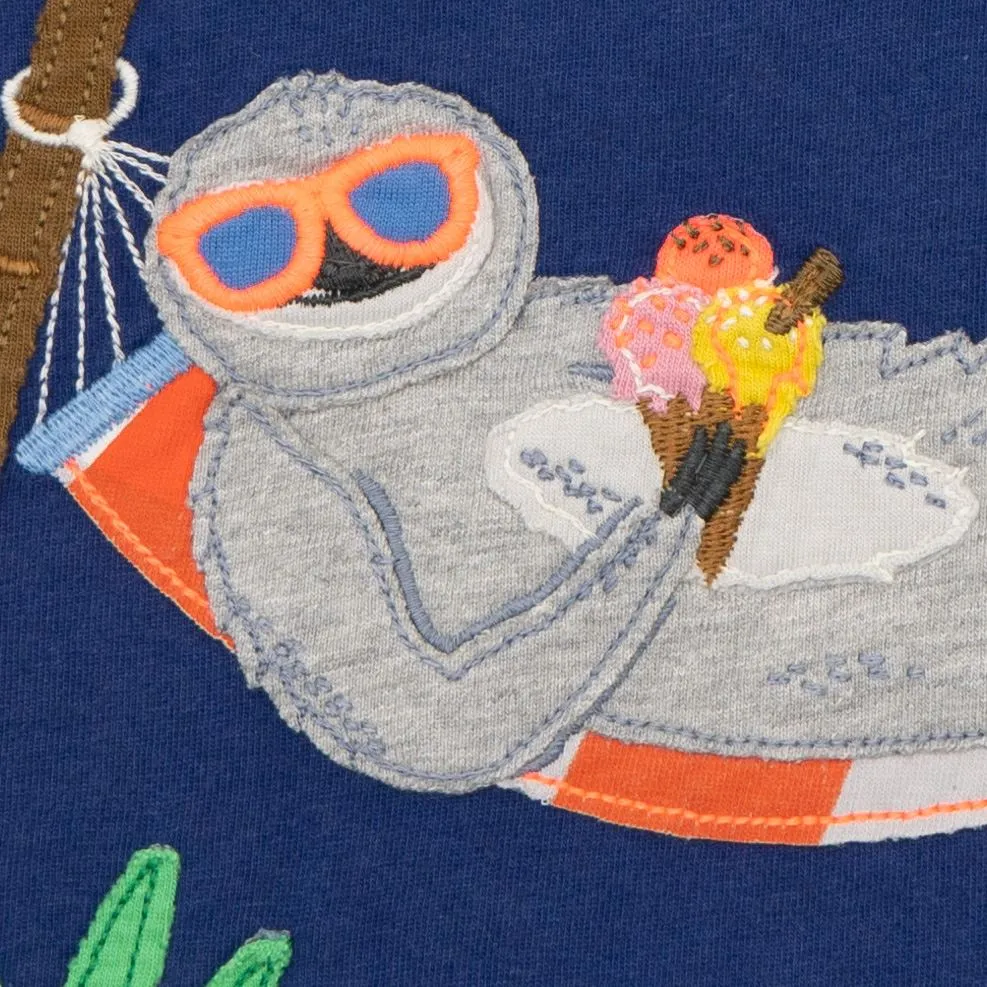Mini Boden Boys Relaxing Sloth Holiday Navy Blue Short Sleeve Tops