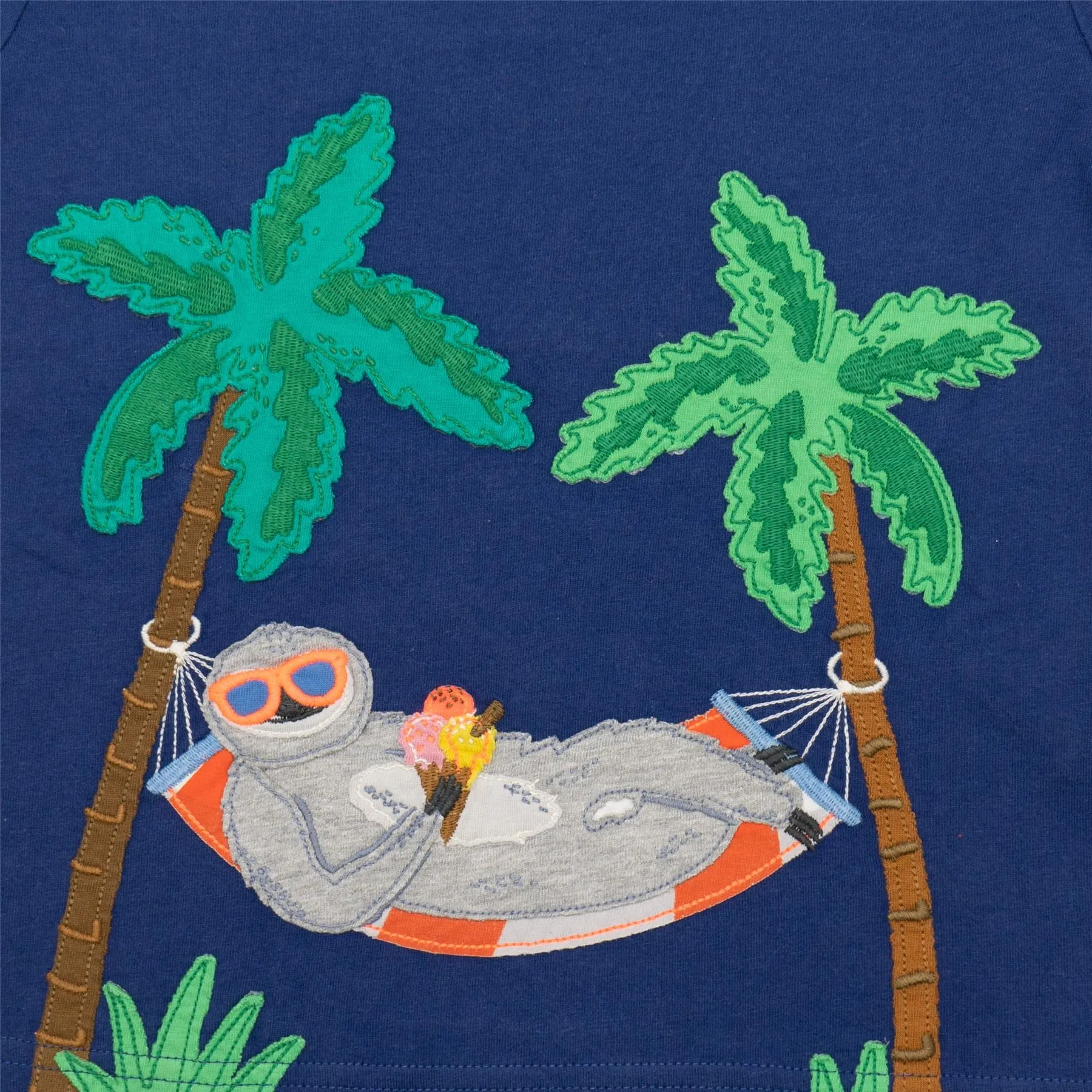 Mini Boden Boys Relaxing Sloth Holiday Navy Blue Short Sleeve Tops
