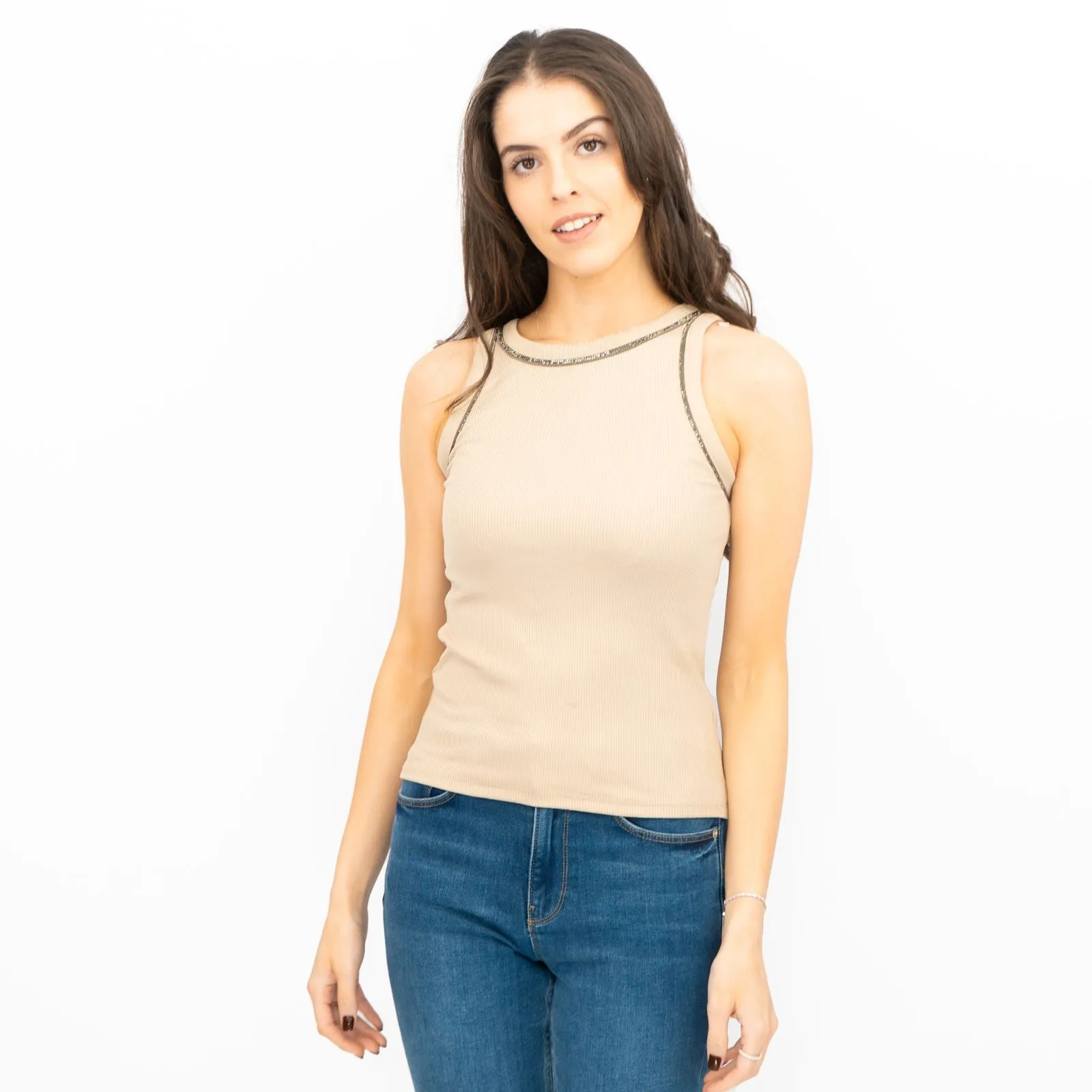 Mint Velvet Ribbed Embellished High Neck Vest Top Stone