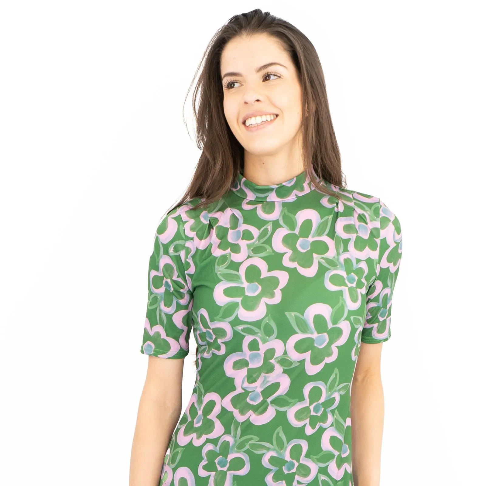 Nasty Gal Green Floral High Neck Short Sleeve Midi Dress