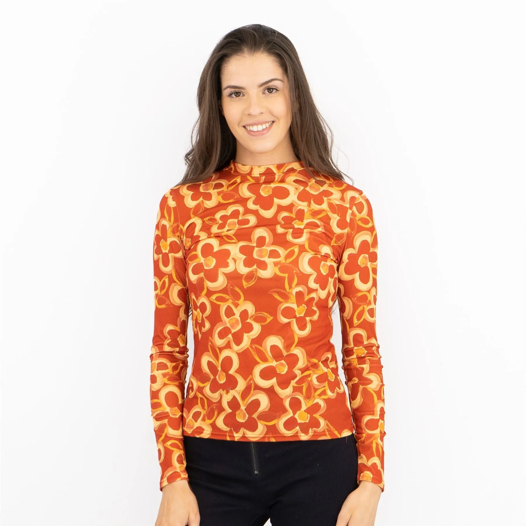Nasty Gal Long Sleeve Retro Orange Floral High Neck Stretch Jersey Tops