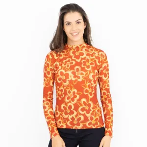Nasty Gal Long Sleeve Retro Orange Floral High Neck Stretch Jersey Tops