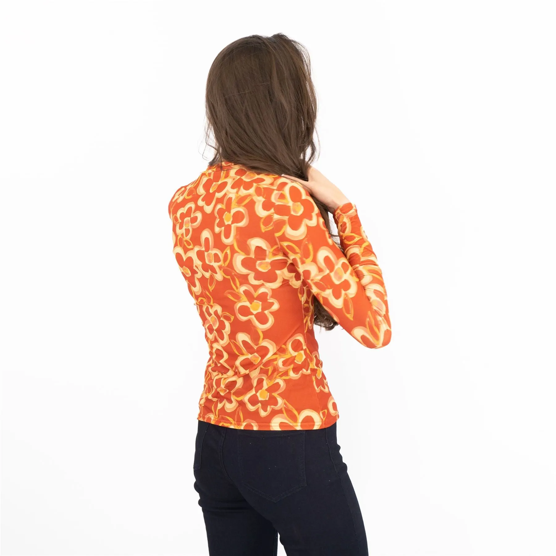 Nasty Gal Long Sleeve Retro Orange Floral High Neck Stretch Jersey Tops