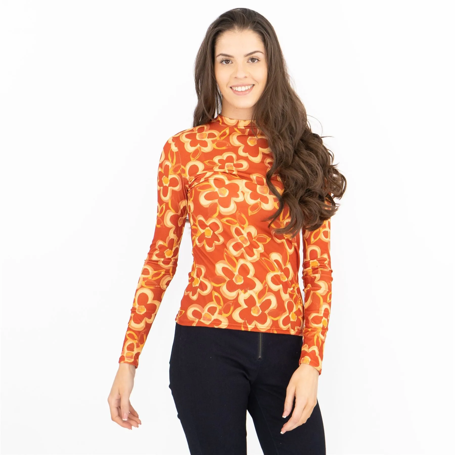 Nasty Gal Long Sleeve Retro Orange Floral High Neck Stretch Jersey Tops