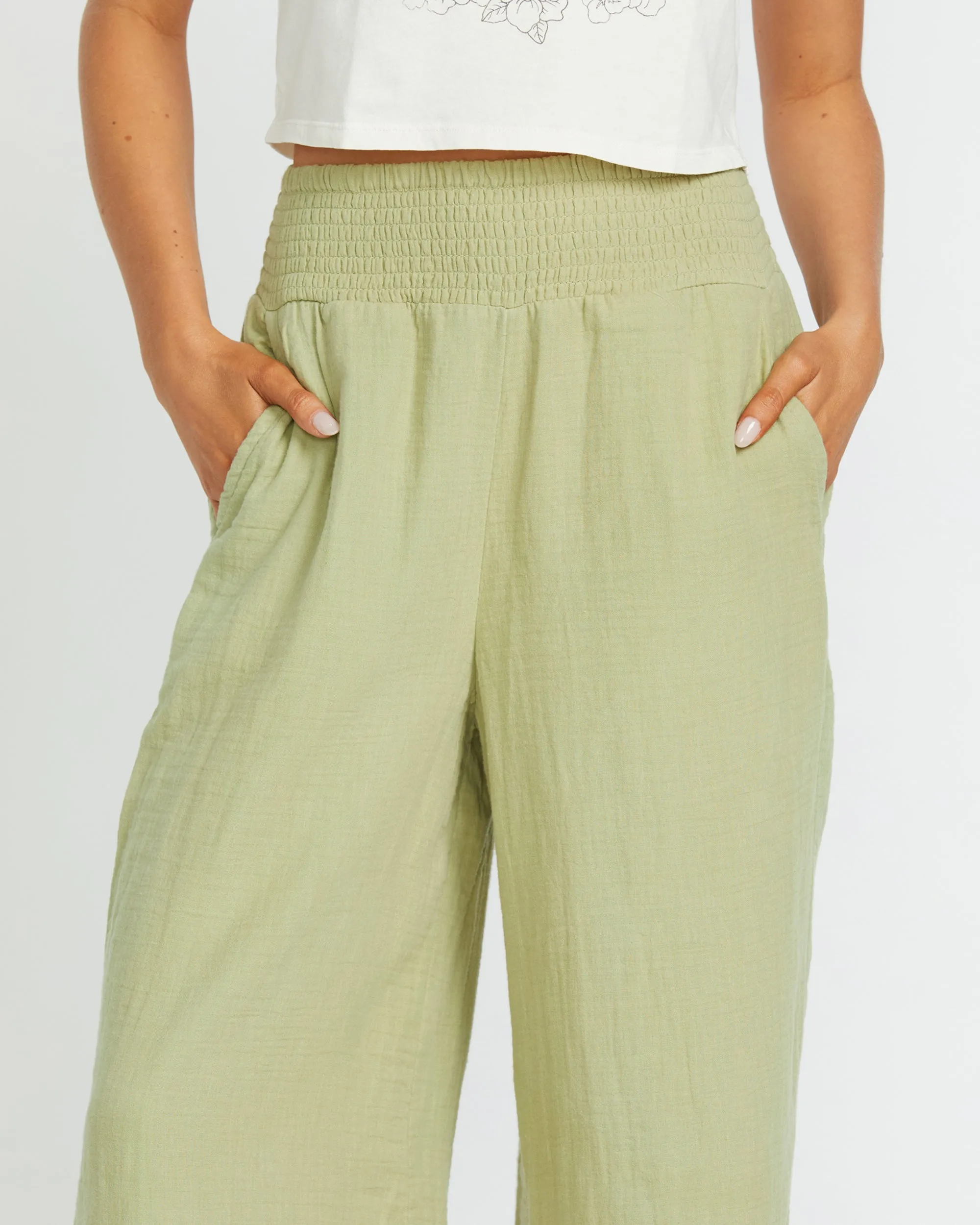 New Waves Gauze Elastic Waist Pants - Avocado Billabong