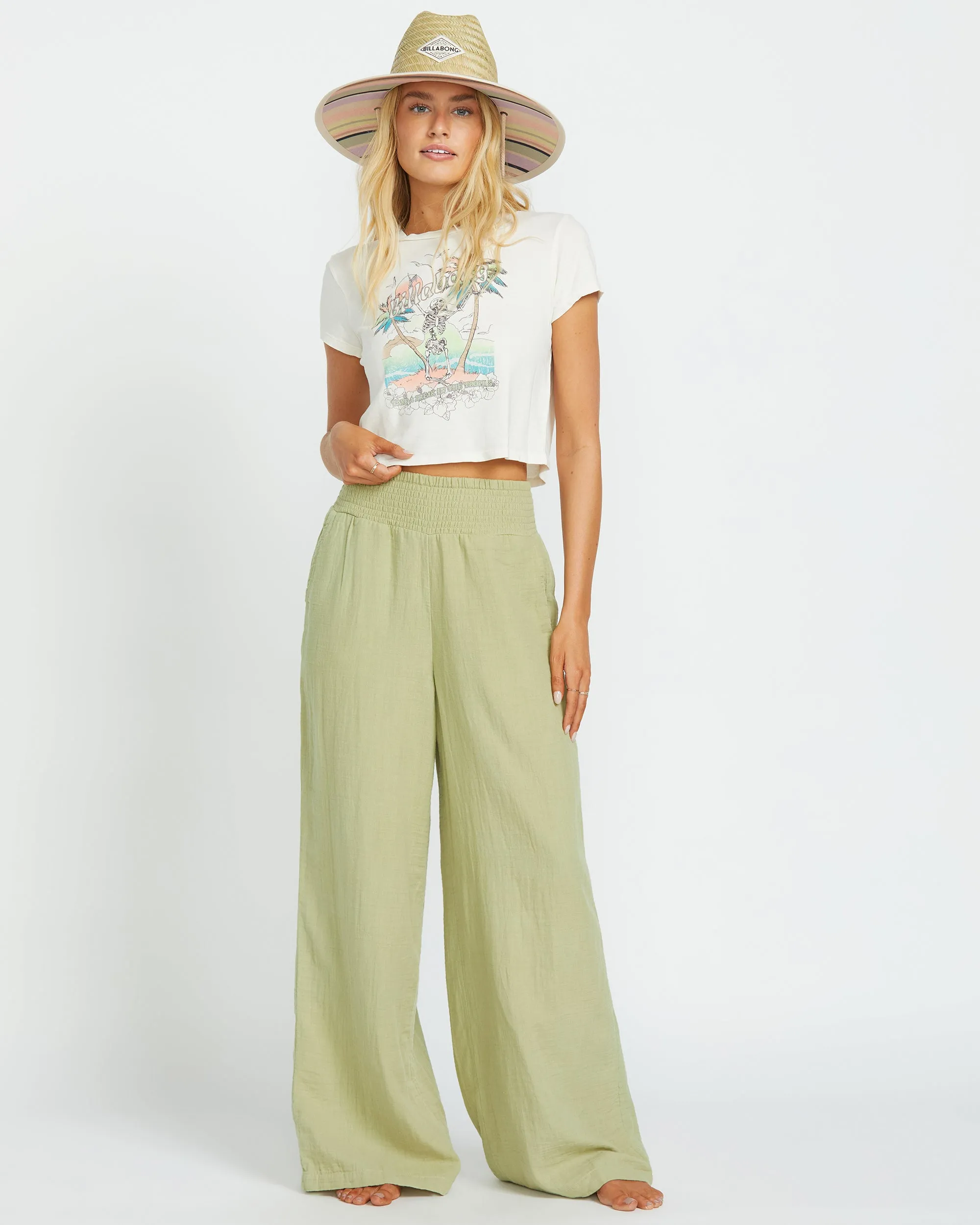New Waves Gauze Elastic Waist Pants - Avocado Billabong