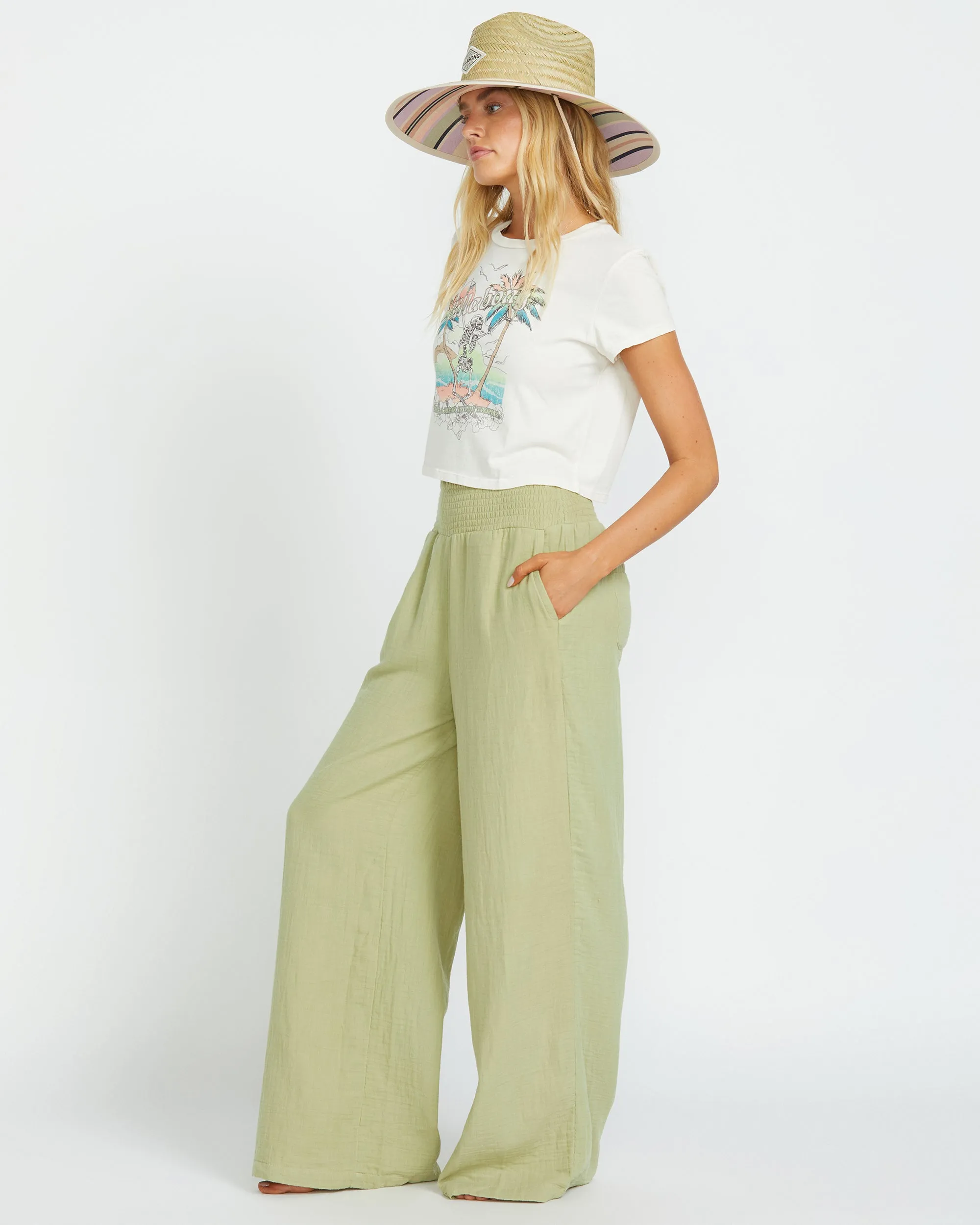 New Waves Gauze Elastic Waist Pants - Avocado Billabong