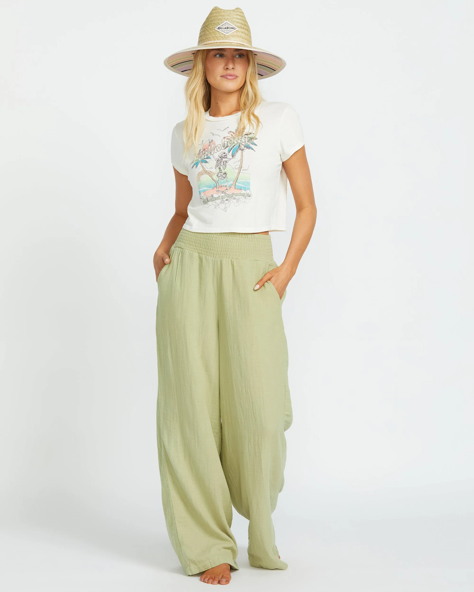 New Waves Gauze Elastic Waist Pants - Avocado Billabong