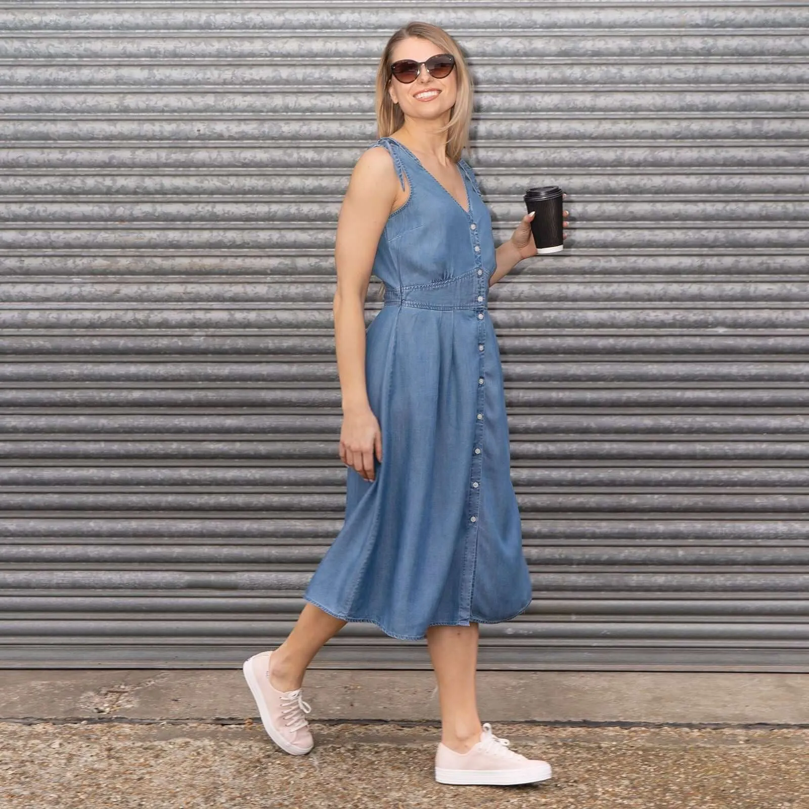 Next Blue Denim Button Sleeveless Midi Dress