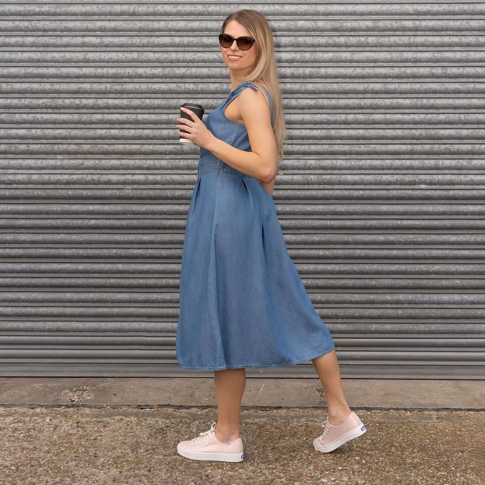 Next Blue Denim Button Sleeveless Midi Dress