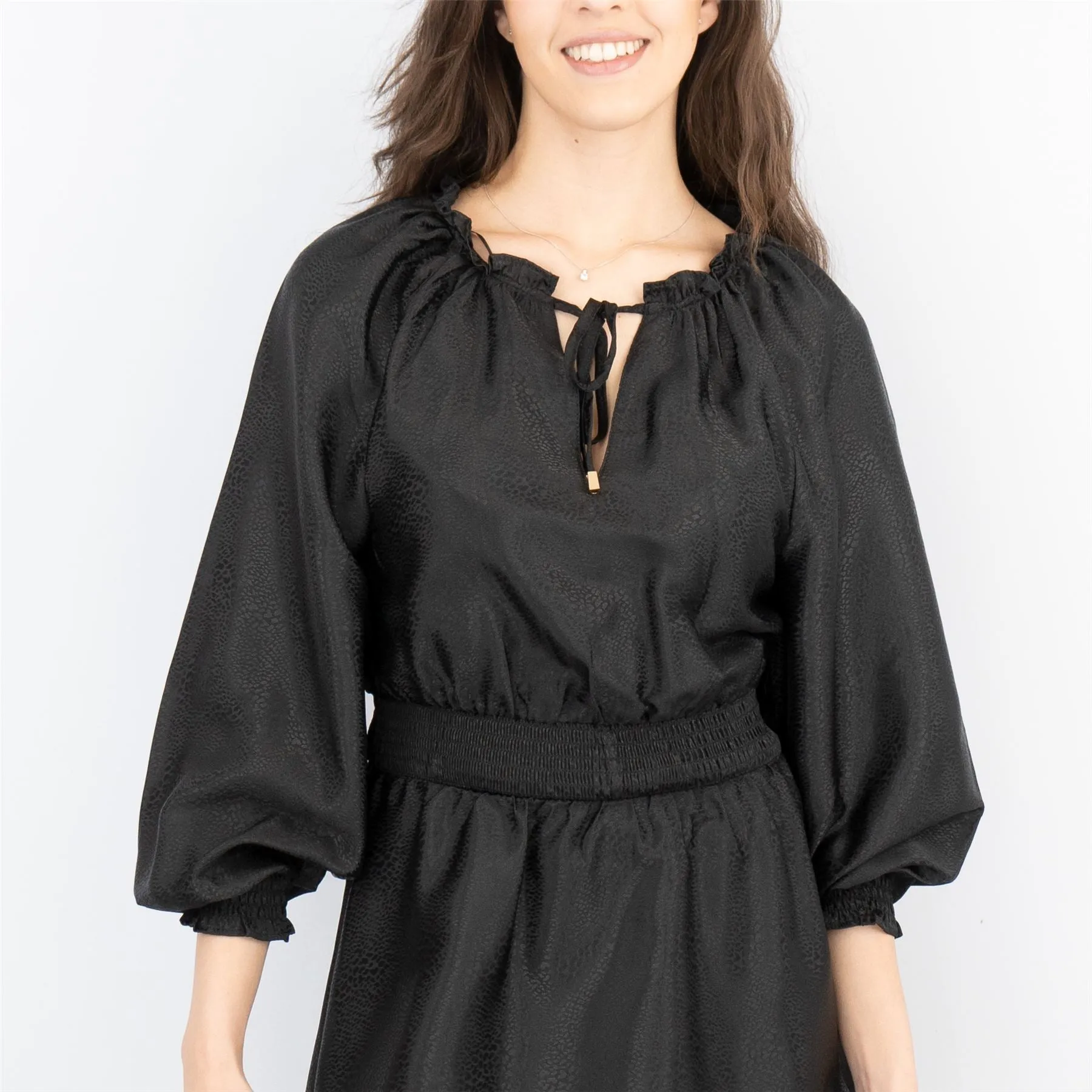 Next Long Sleeve Black Jacquard Sheen Flare Dress