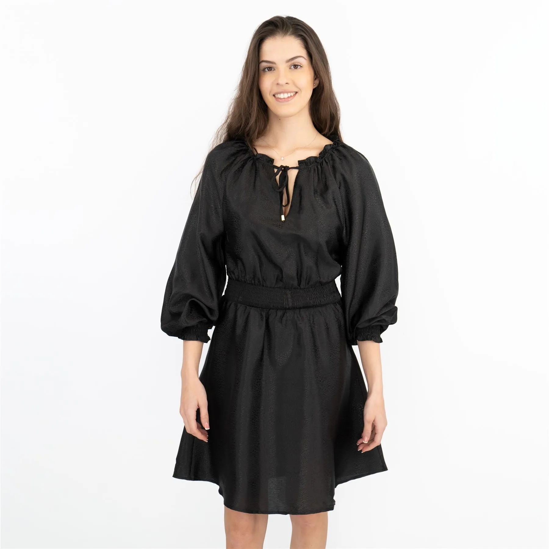 Next Long Sleeve Black Jacquard Sheen Flare Dress