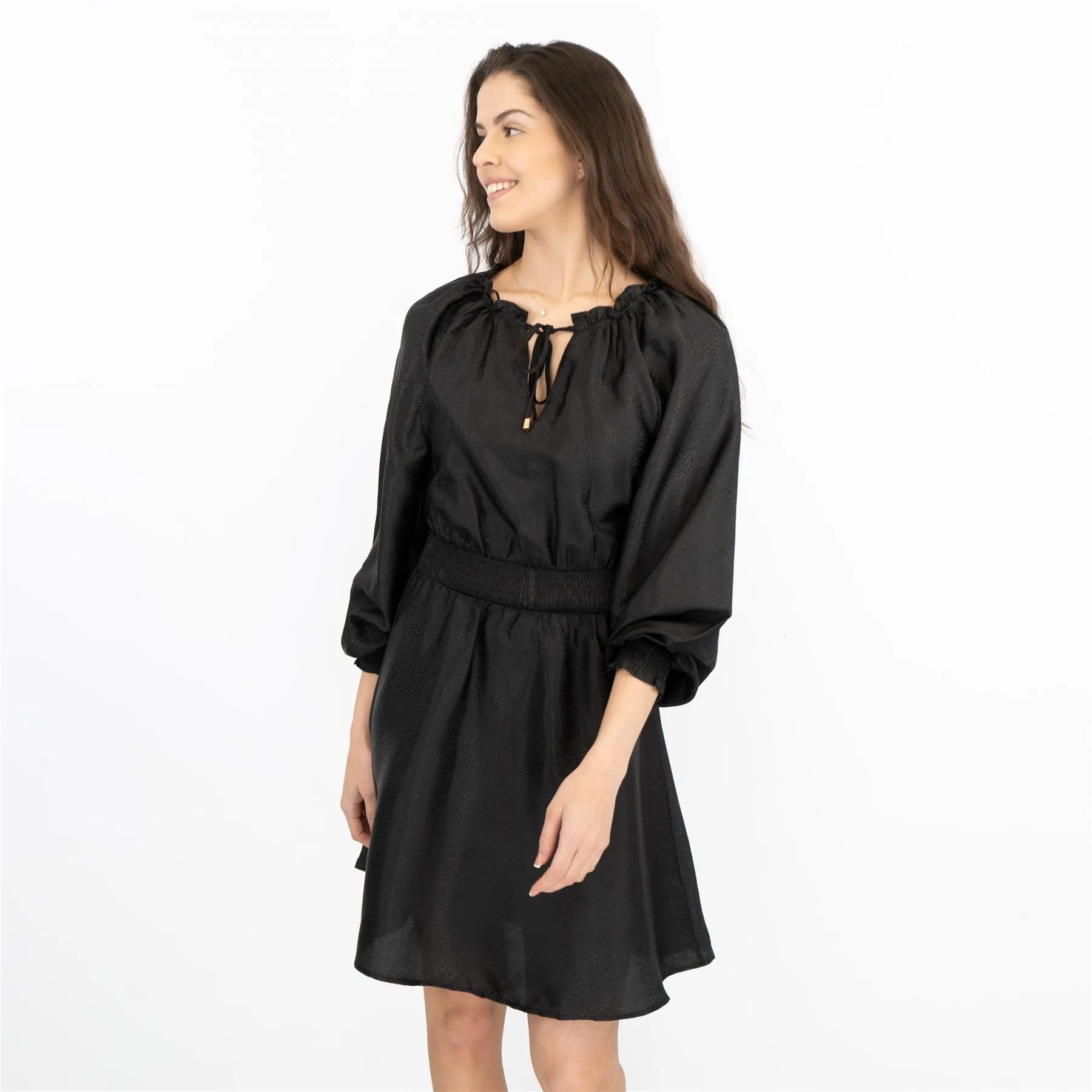 Next Long Sleeve Black Jacquard Sheen Flare Dress