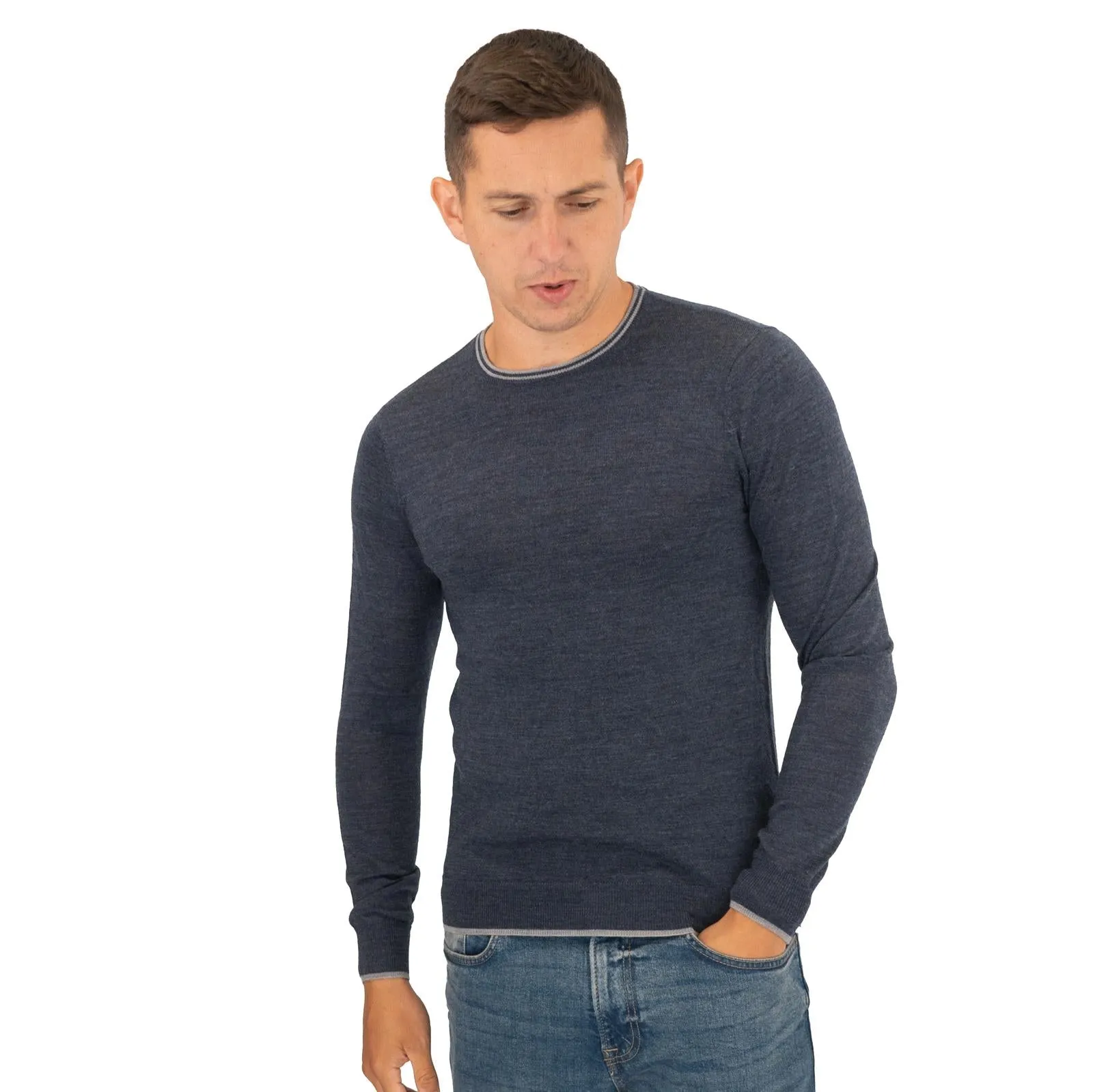 Nicole Farhi Farhi Mens Crew Neck Merino Wool Jumper Blue