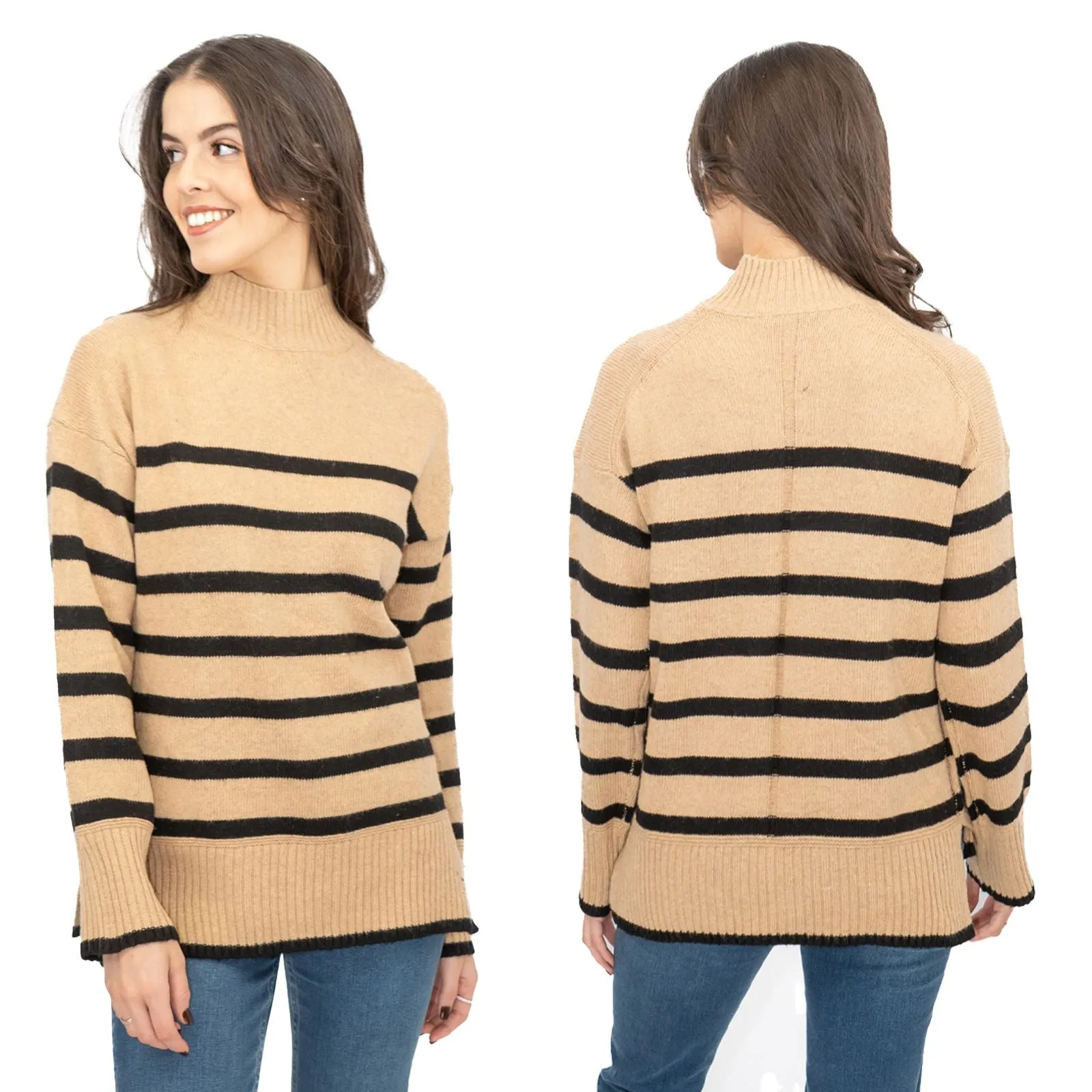 Nobodys Child Beige Striped Funnel Neck Longline Jumper