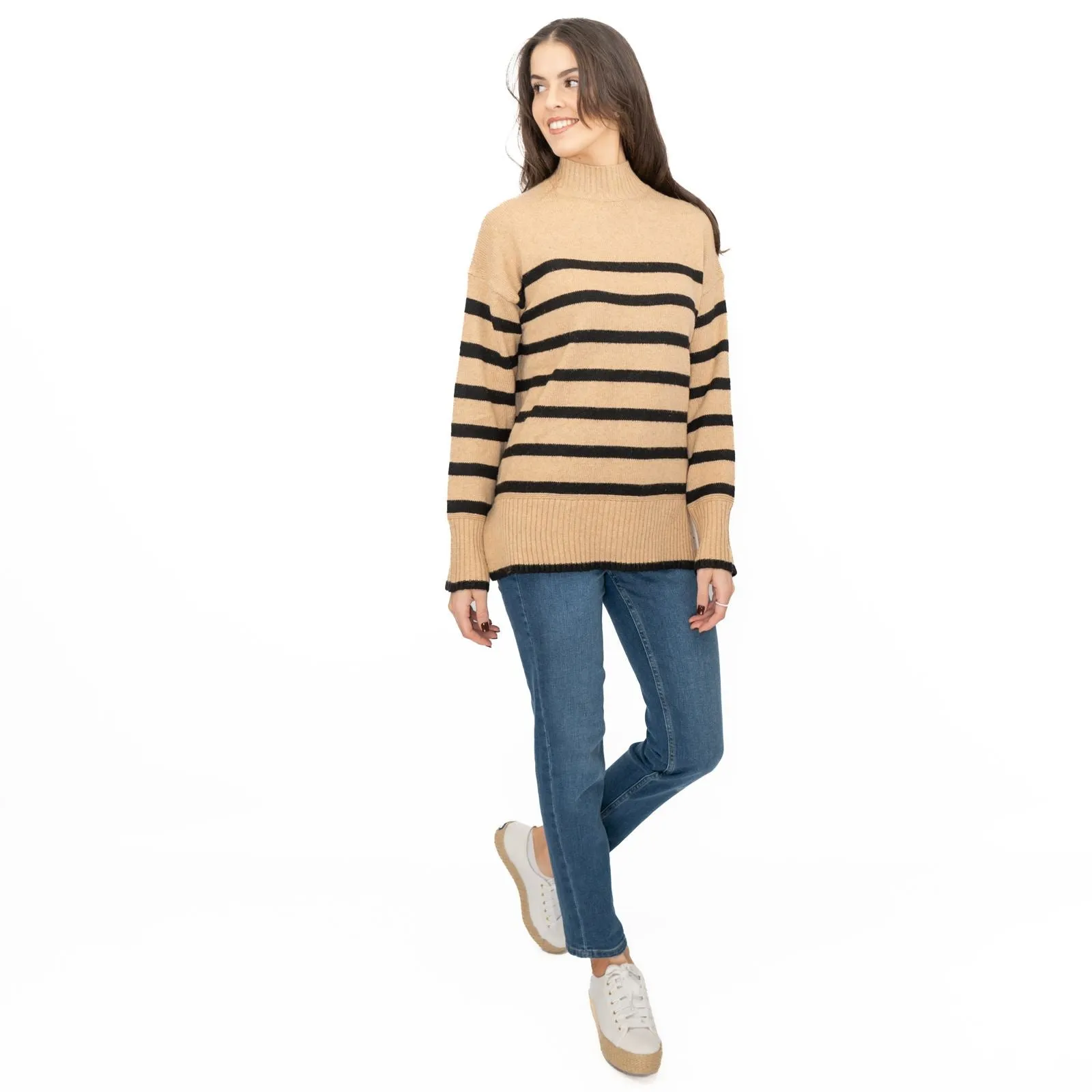 Nobodys Child Beige Striped Funnel Neck Longline Jumper