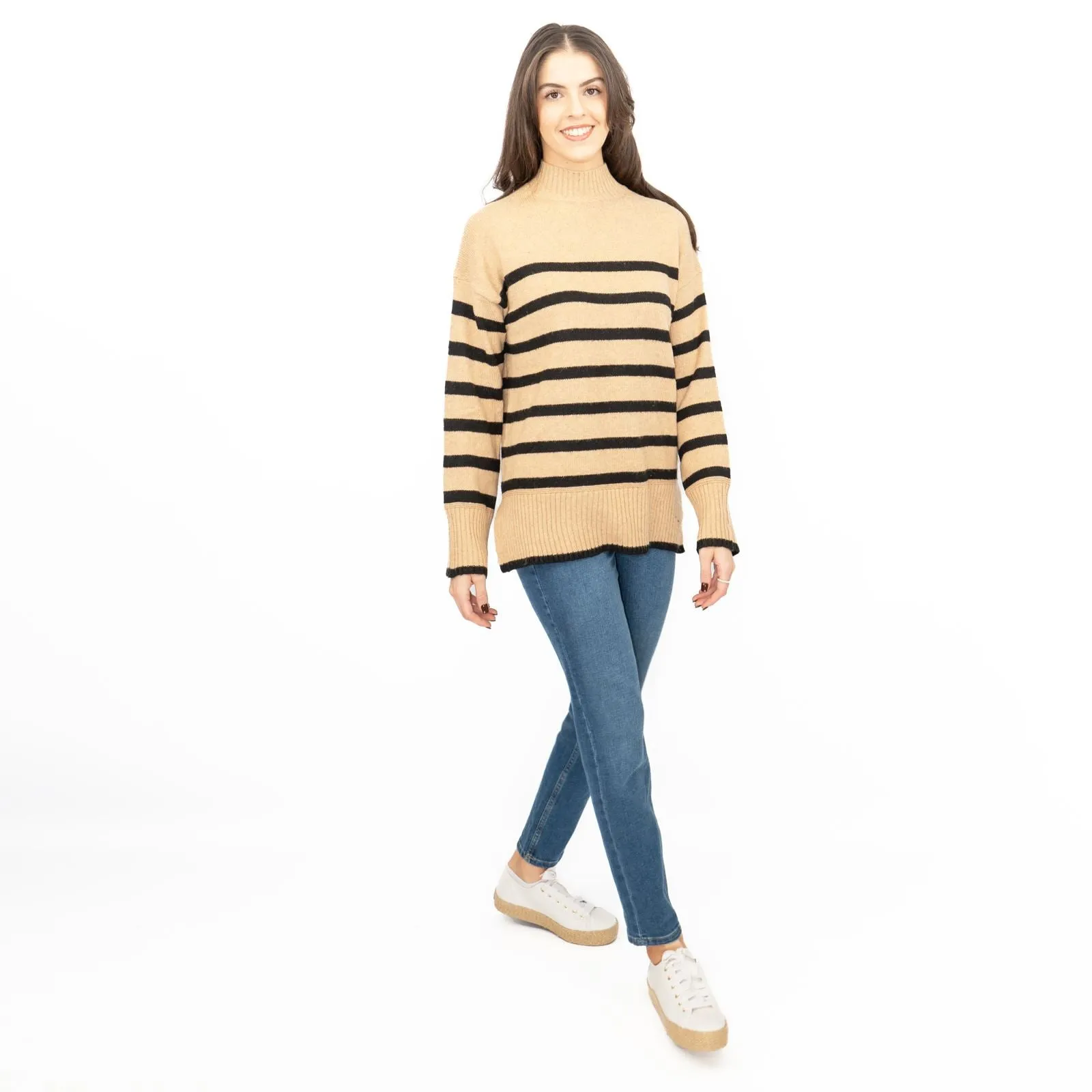 Nobodys Child Beige Striped Funnel Neck Longline Jumper