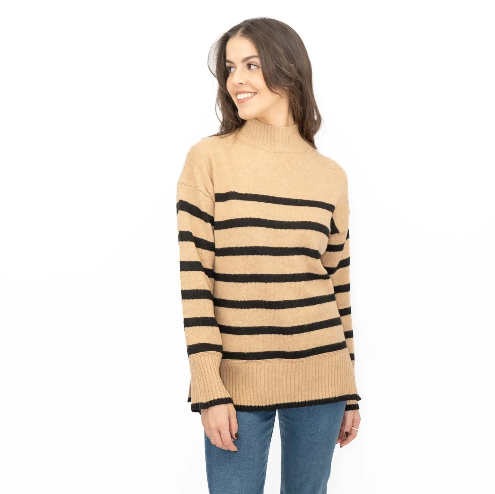 Nobodys Child Beige Striped Funnel Neck Longline Jumper