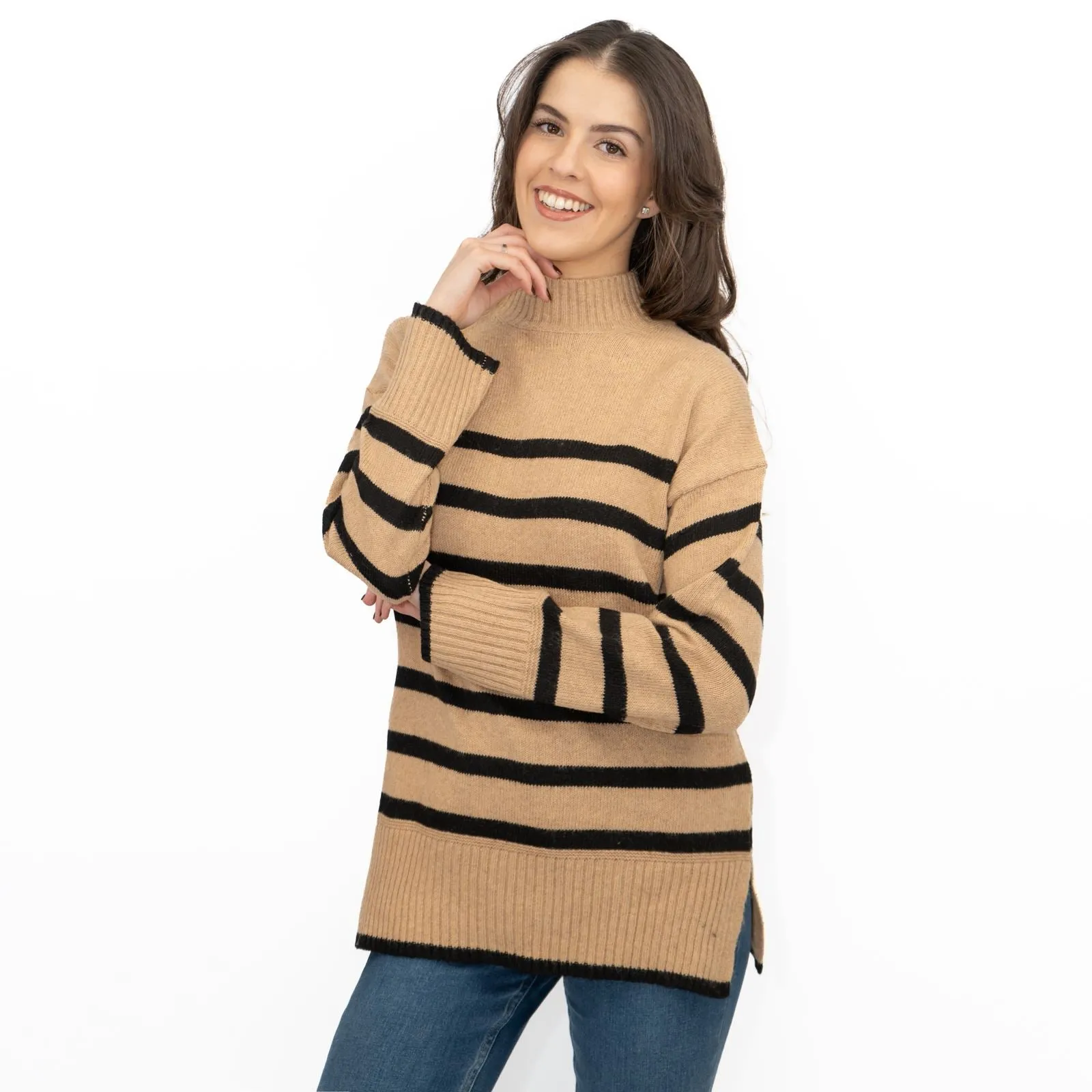 Nobodys Child Beige Striped Funnel Neck Longline Jumper