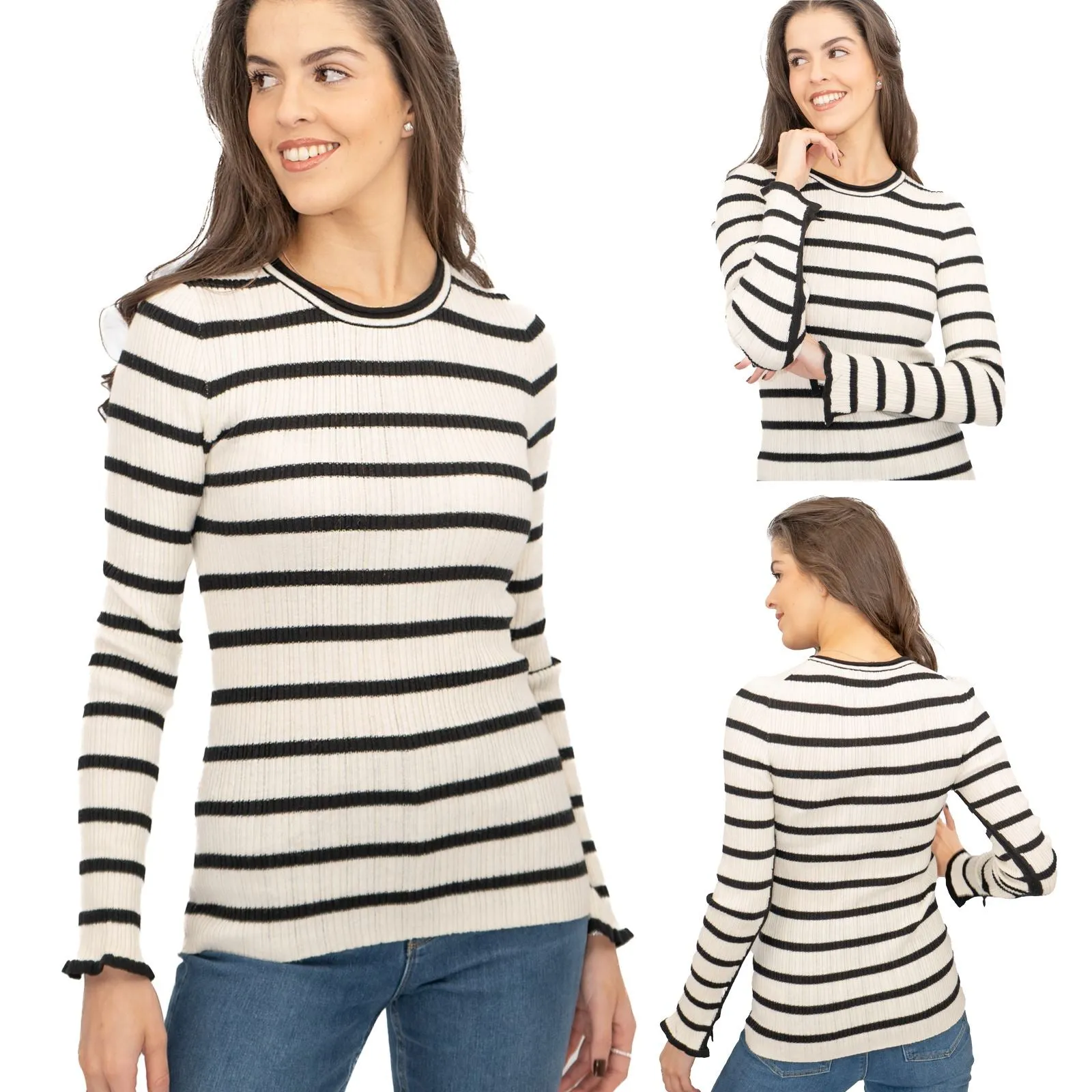 Nobodys Child Striped White & Black Wool Blend Jumper Tops