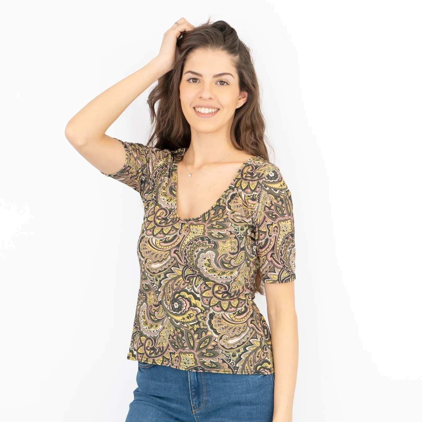 Oasis Green Paisley Print V-Neck Short Sleeve Tops