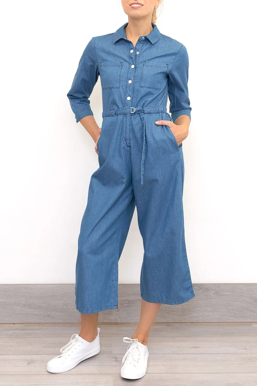 Phase Eight Jarah Jumpsuit Blue Soft Denim Lightweight Cropped Wide Leg