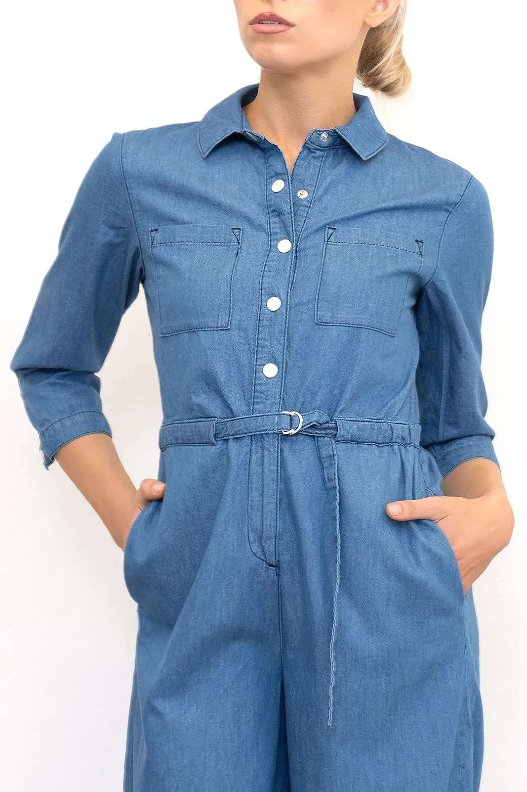 Phase Eight Jarah Jumpsuit Blue Soft Denim Lightweight Cropped Wide Leg