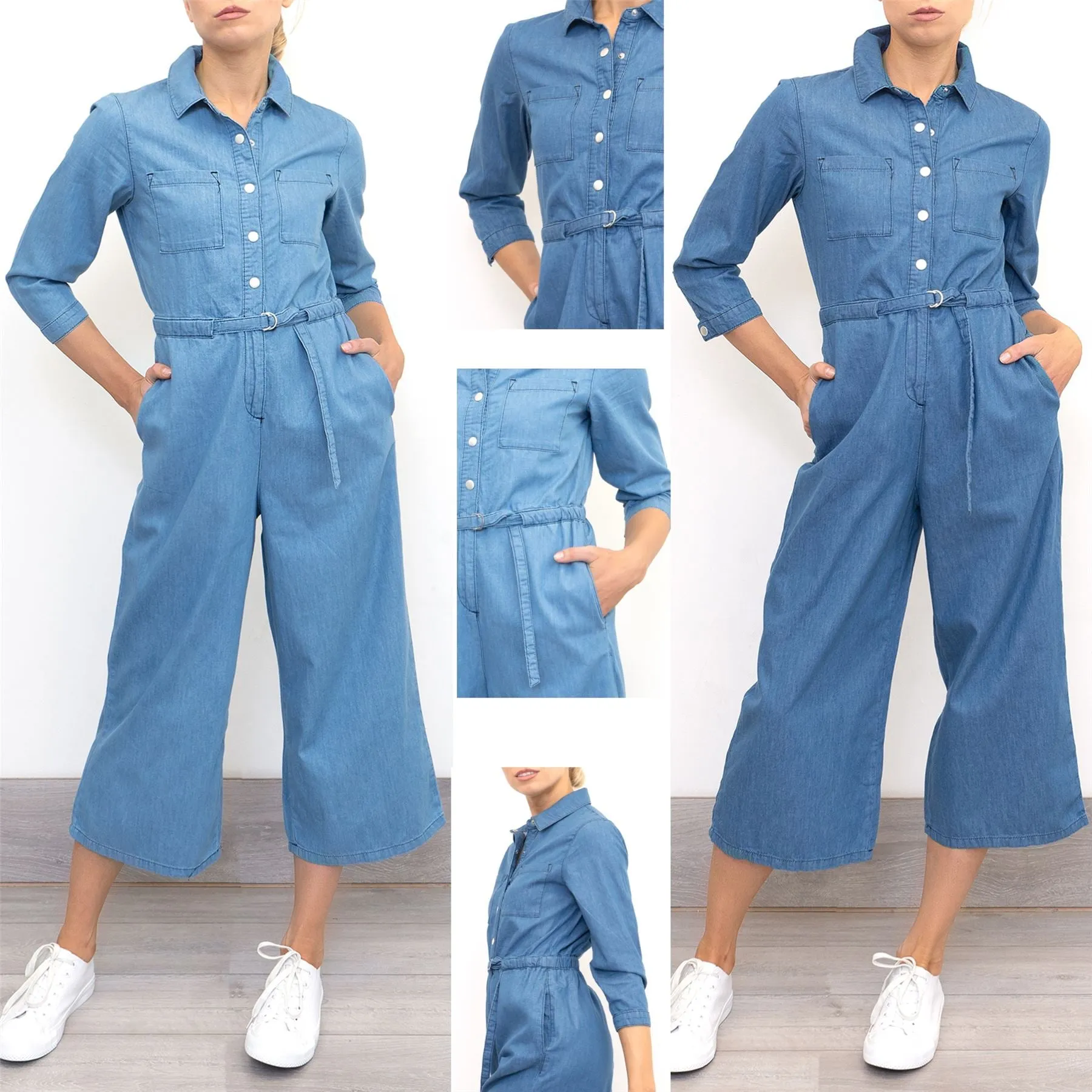 Phase Eight Jarah Jumpsuit Blue Soft Denim Lightweight Cropped Wide Leg
