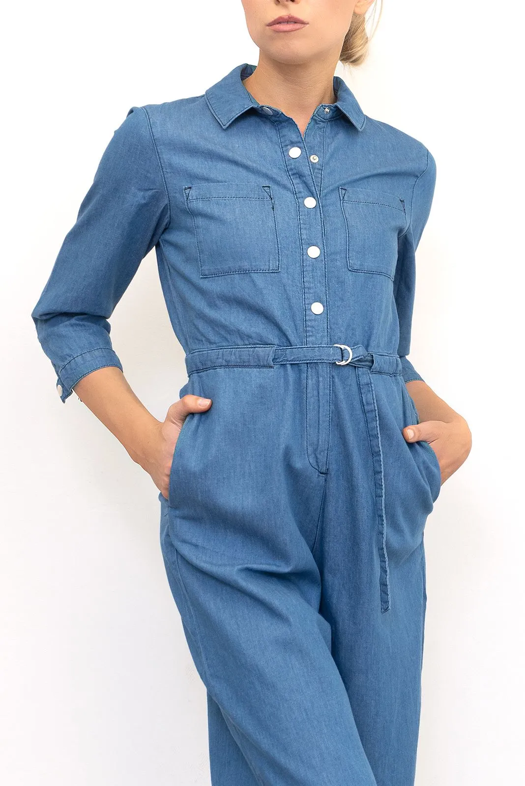 Phase Eight Jarah Jumpsuit Blue Soft Denim Lightweight Cropped Wide Leg