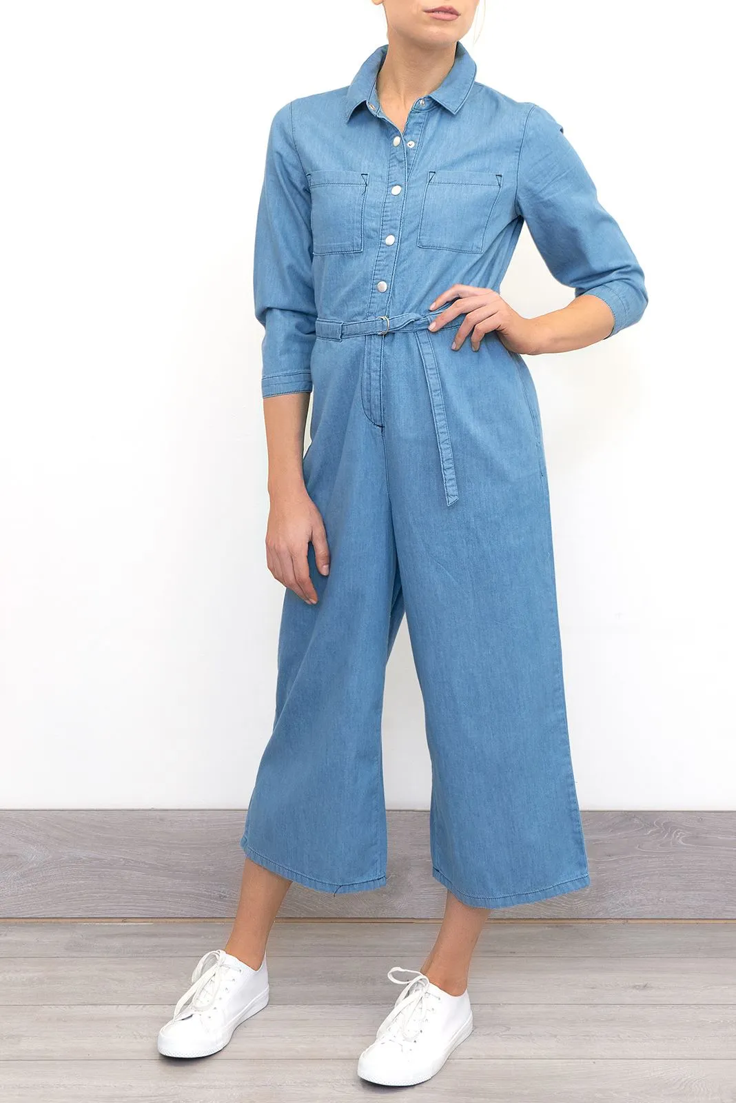 Phase Eight Jarah Jumpsuit Blue Soft Denim Lightweight Cropped Wide Leg