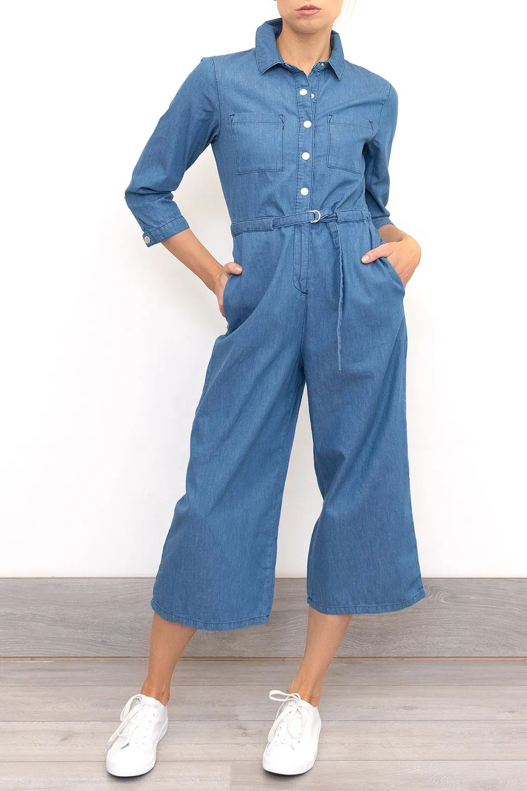 Phase Eight Jarah Jumpsuit Blue Soft Denim Lightweight Cropped Wide Leg