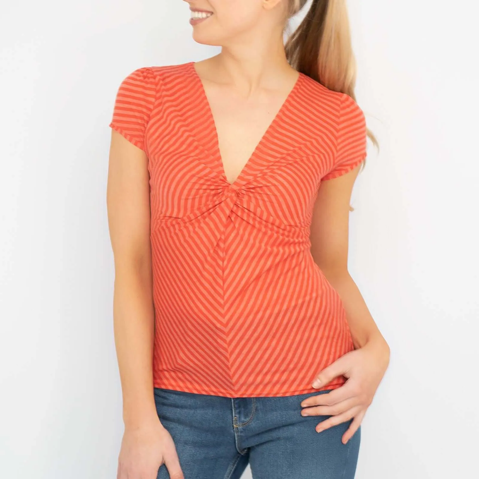 Phase Eight Orange Stripe Twist Front Short Sleeve Top