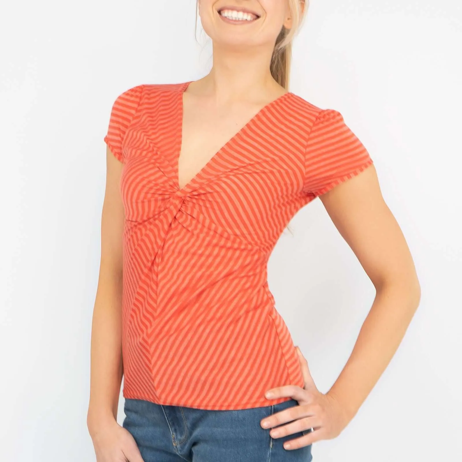Phase Eight Orange Stripe Twist Front Short Sleeve Top