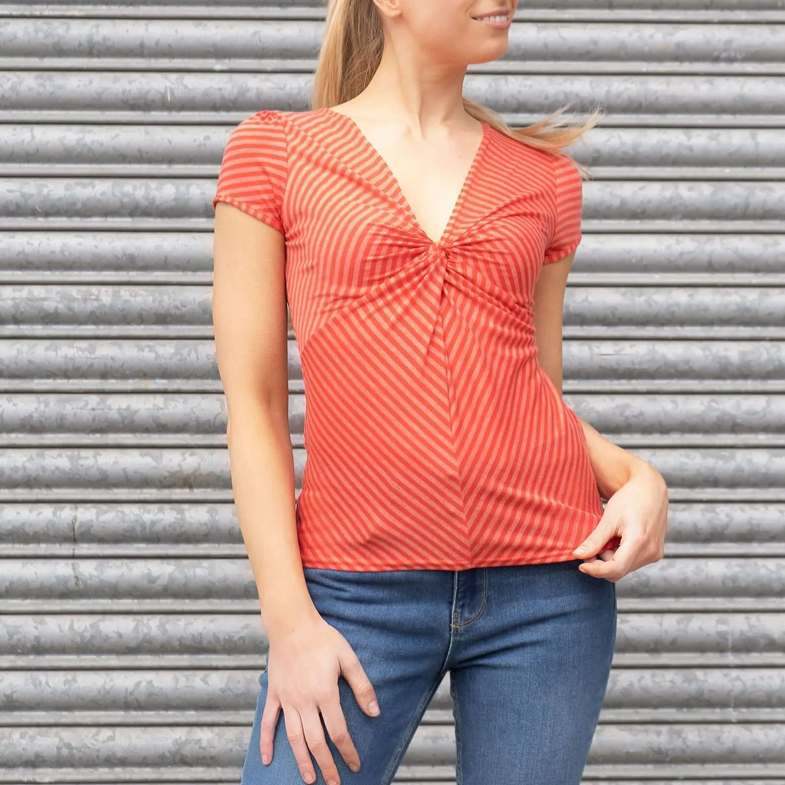 Phase Eight Orange Stripe Twist Front Short Sleeve Top