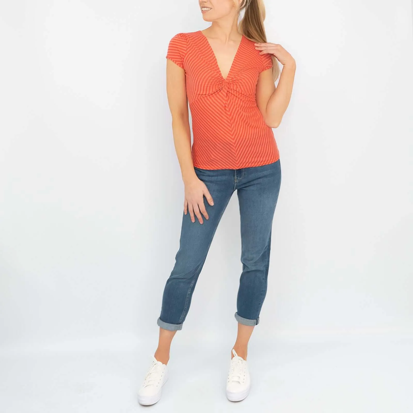 Phase Eight Orange Stripe Twist Front Short Sleeve Top