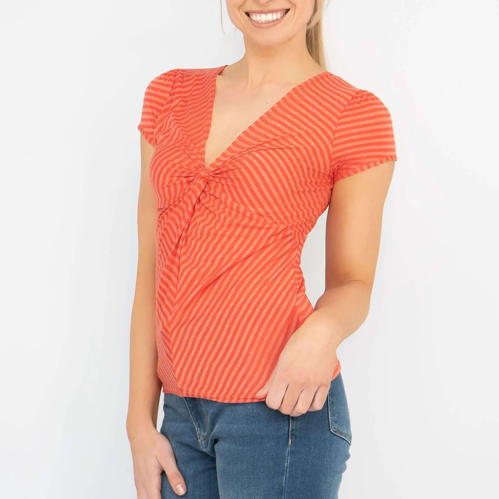 Phase Eight Orange Stripe Twist Front Short Sleeve Top