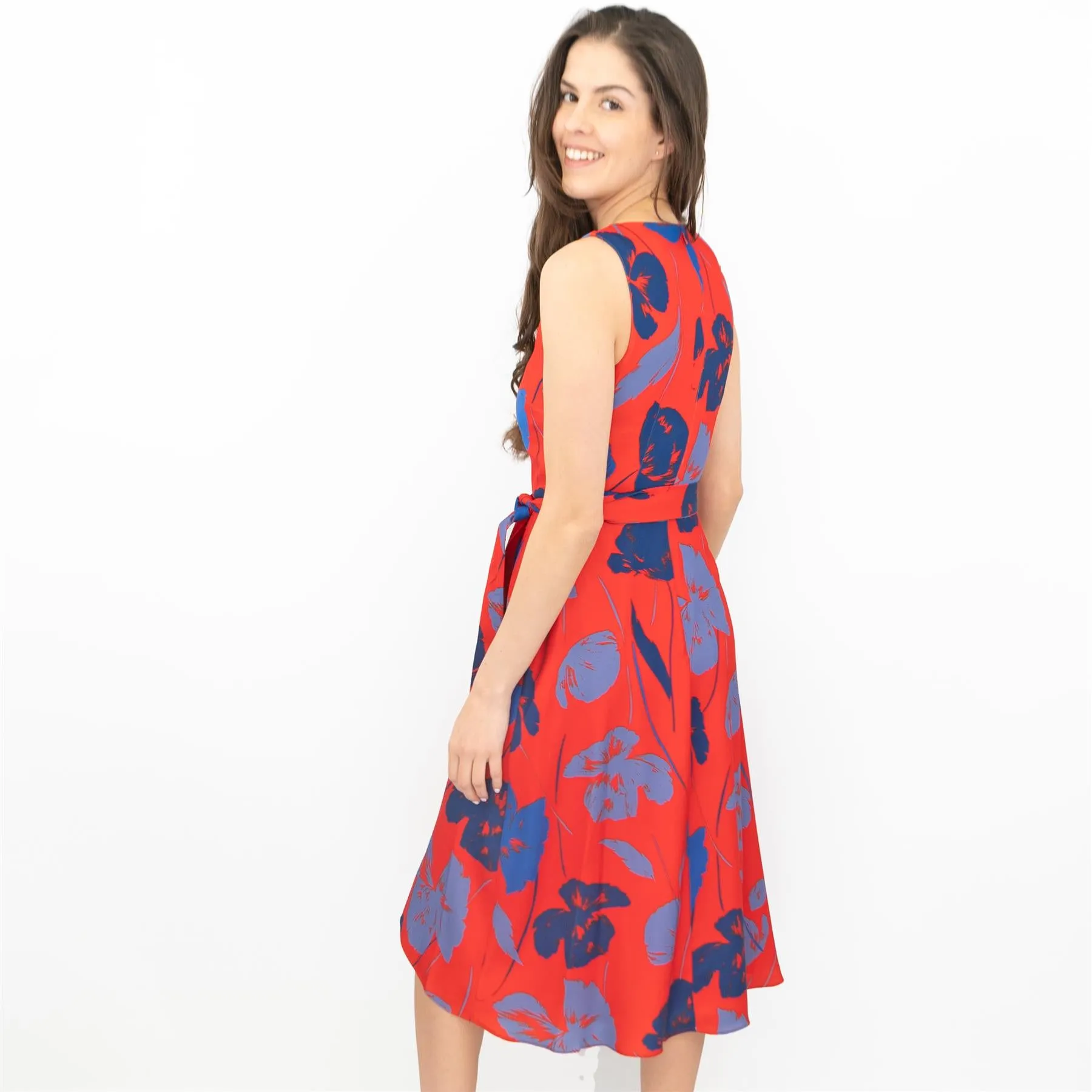Phase Eight Sacha Red Floral Sleeveless Hi-Lo V-Neck Midi Dress