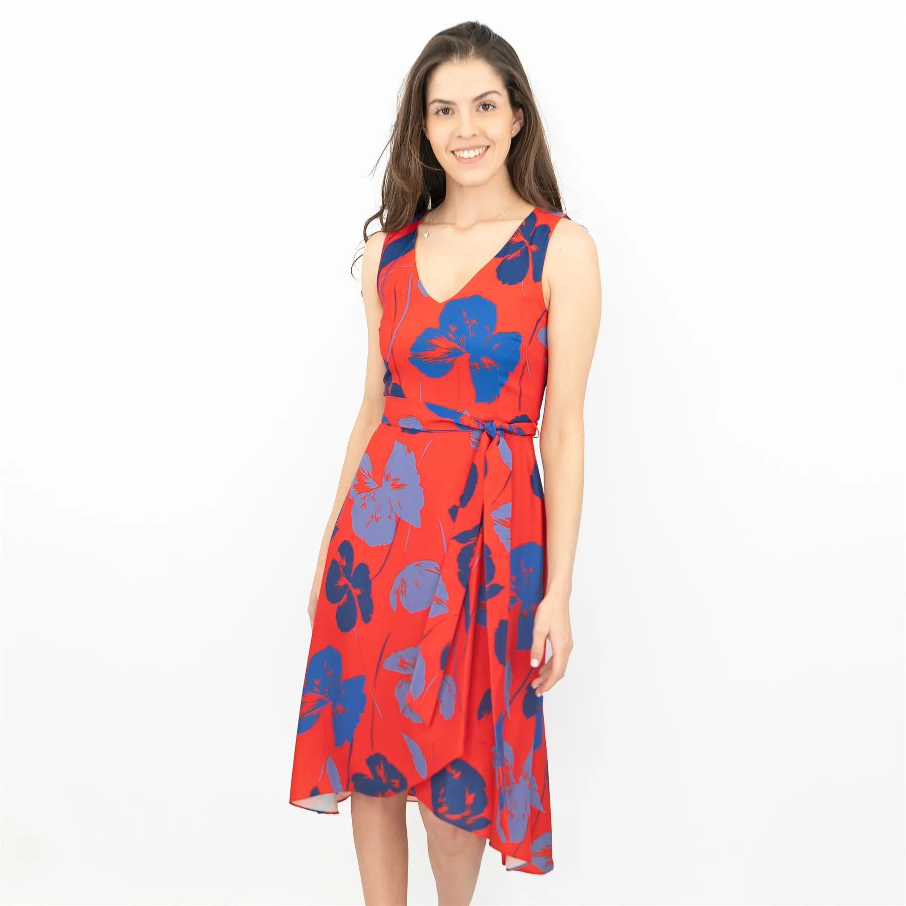 Phase Eight Sacha Red Floral Sleeveless Hi-Lo V-Neck Midi Dress