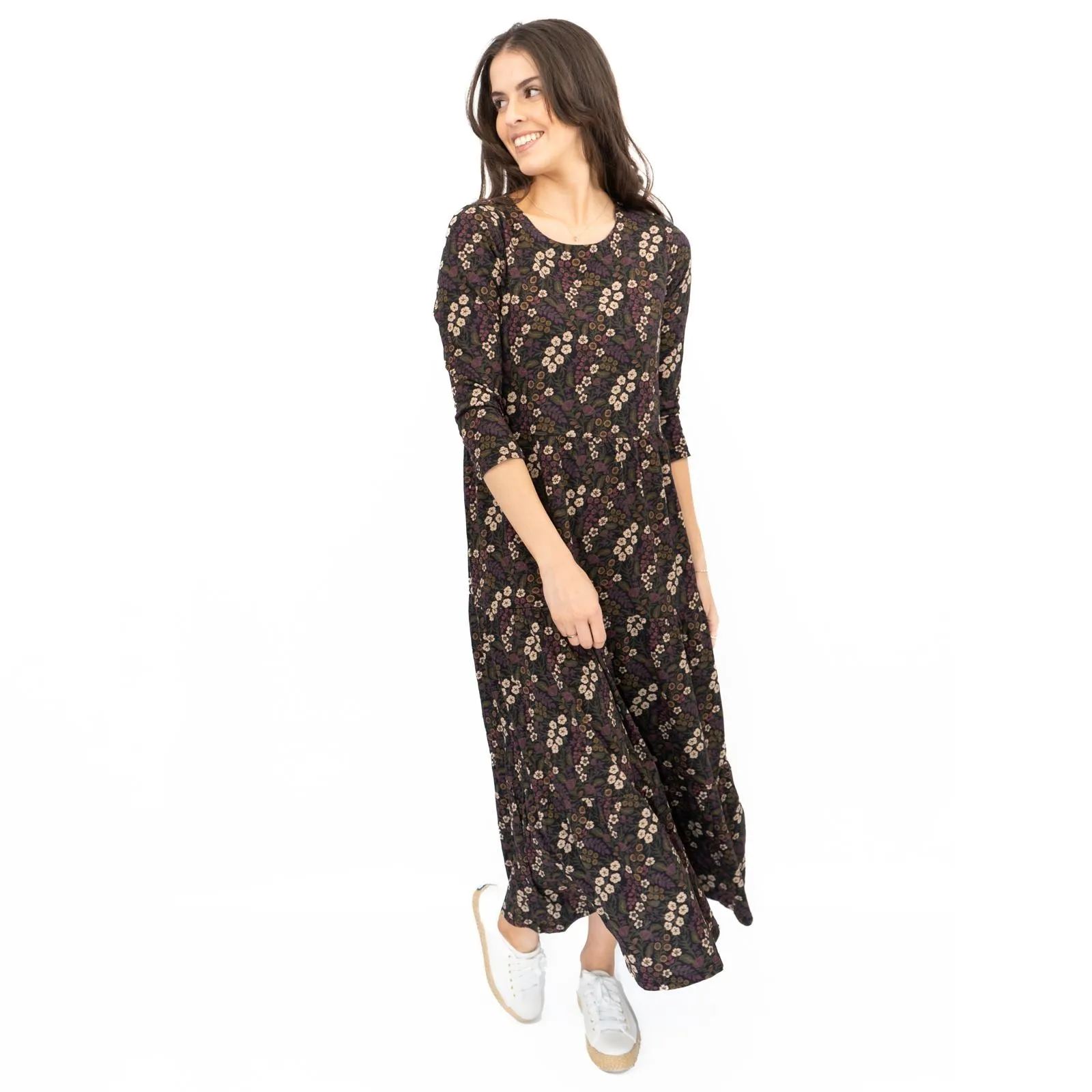 Seasalt Black Dress Tiered Line Strokes Midi