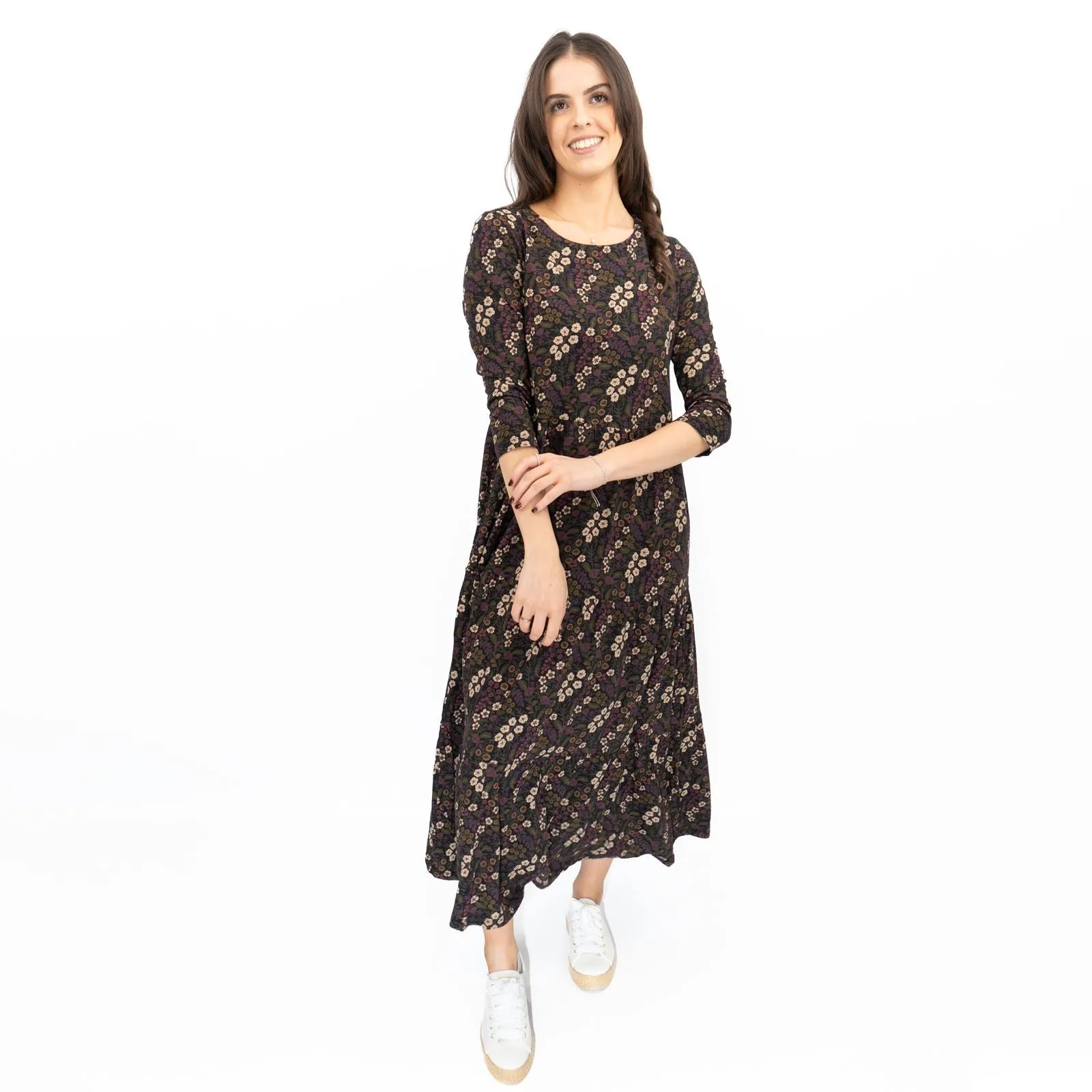 Seasalt Black Dress Tiered Line Strokes Midi