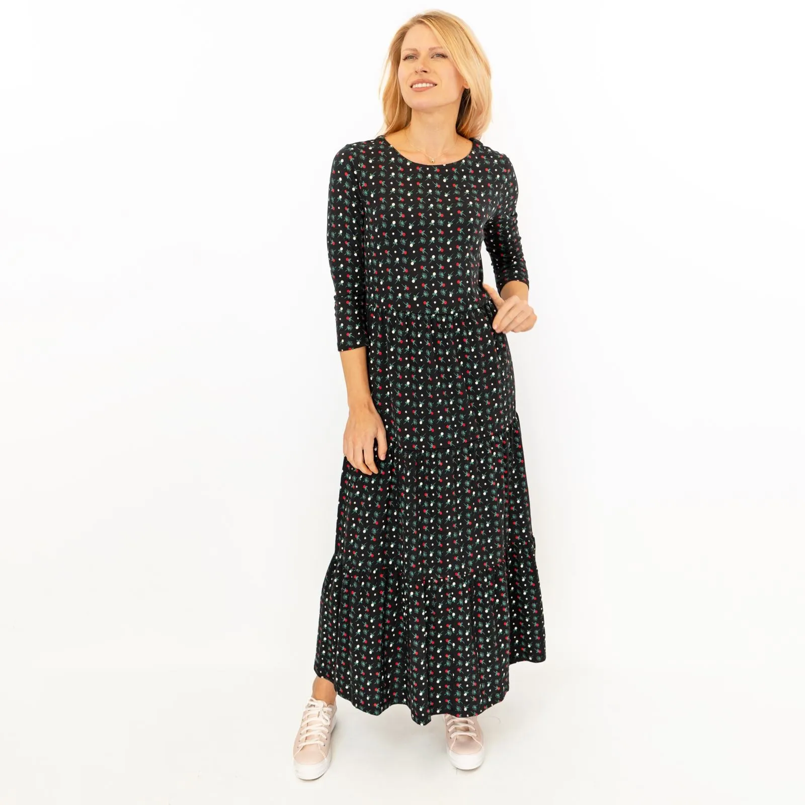 Seasalt Black Floral Line Strokes Midi Tiered Dress 3/4 Sleeve