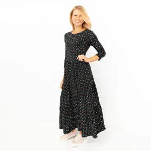 Seasalt Black Floral Line Strokes Midi Tiered Dress 3/4 Sleeve