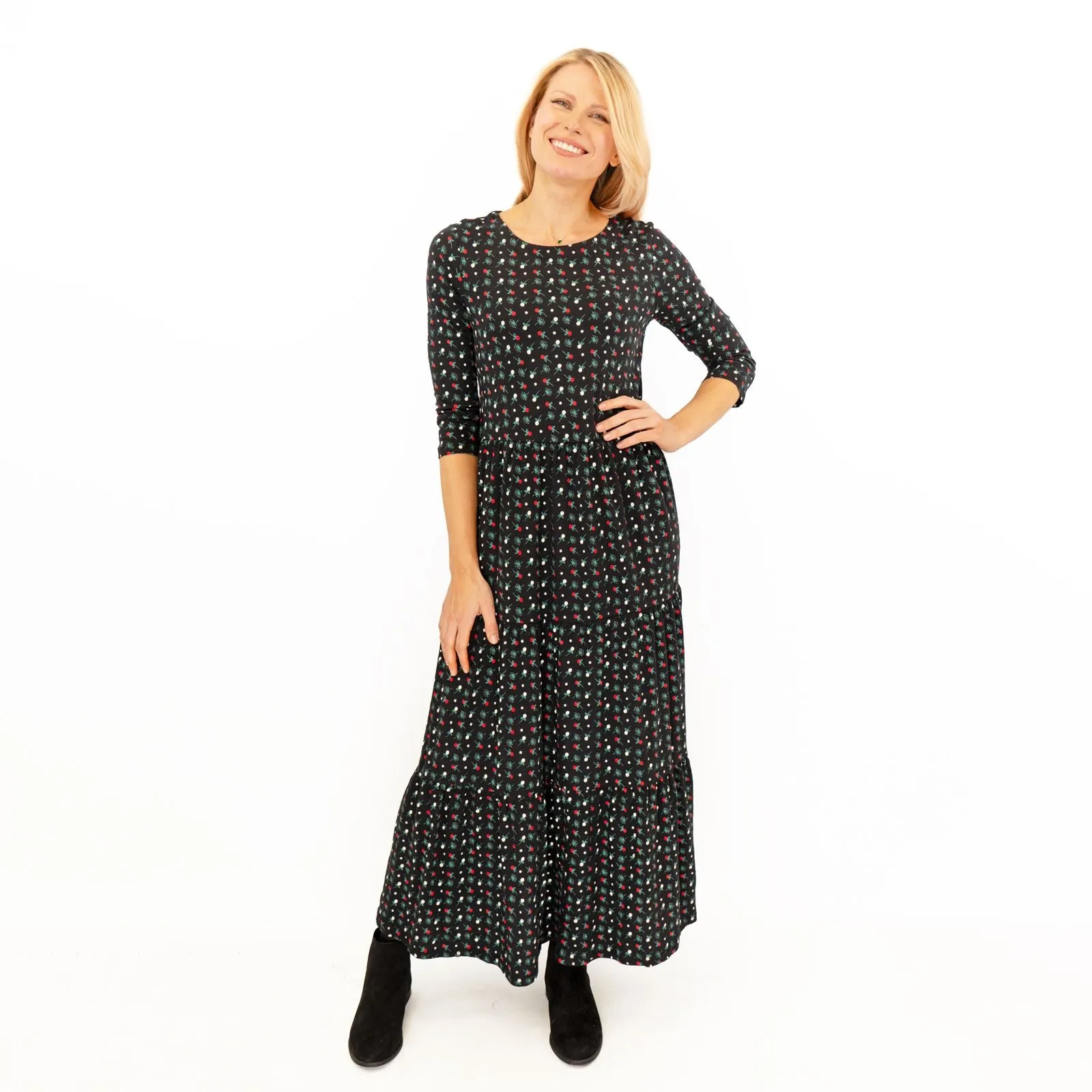 Seasalt Black Floral Line Strokes Midi Tiered Dress 3/4 Sleeve