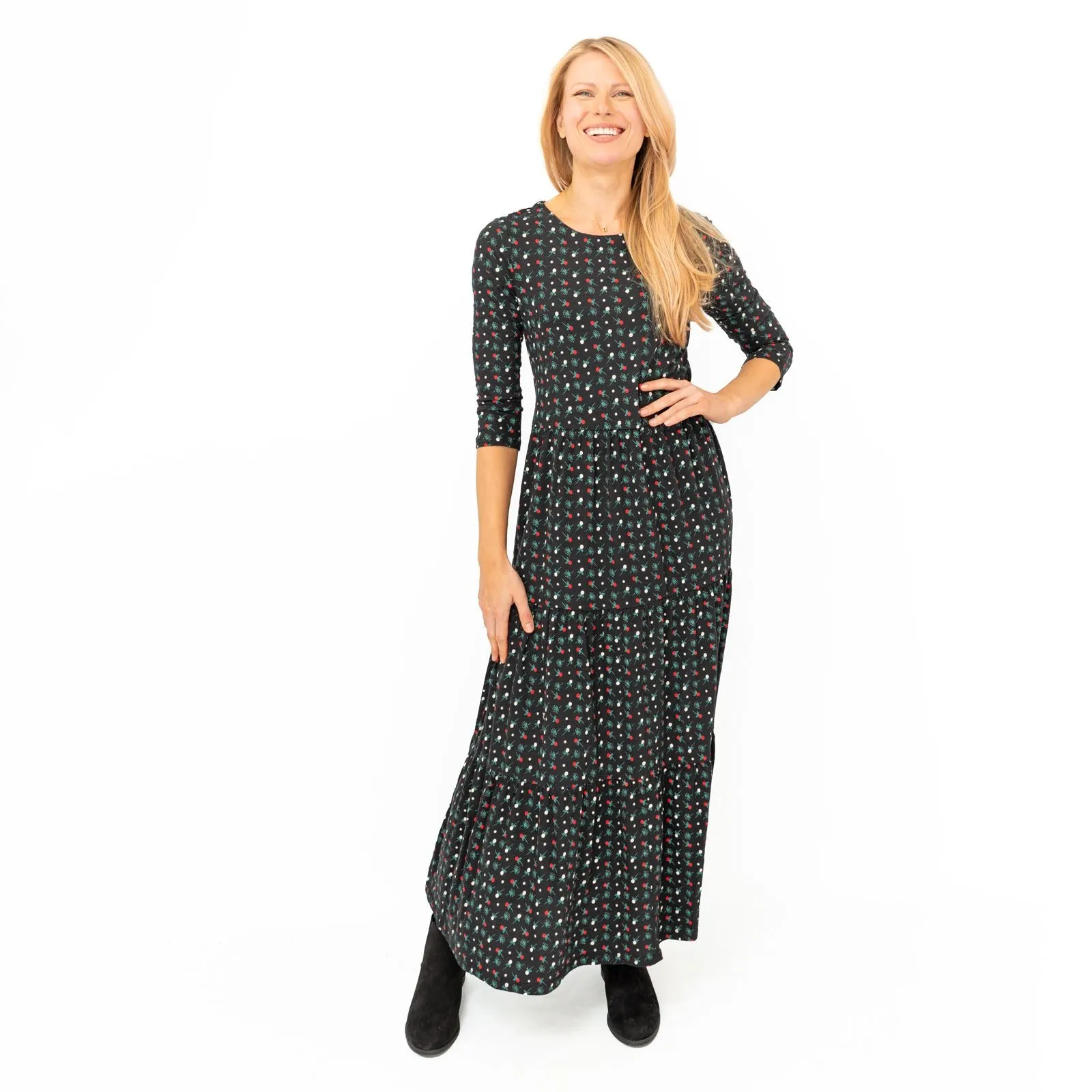 Seasalt Black Floral Line Strokes Midi Tiered Dress 3/4 Sleeve