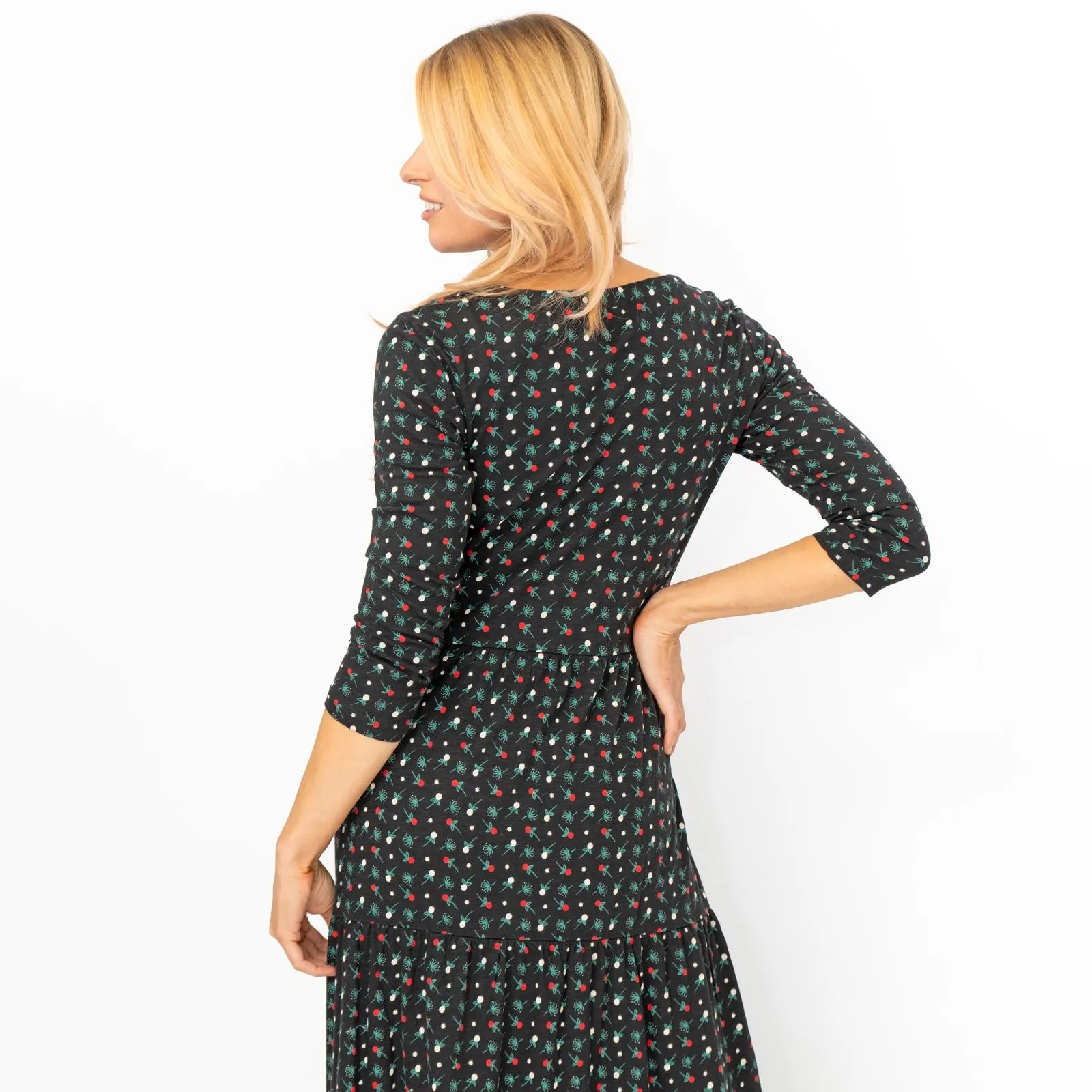 Seasalt Black Floral Line Strokes Midi Tiered Dress 3/4 Sleeve