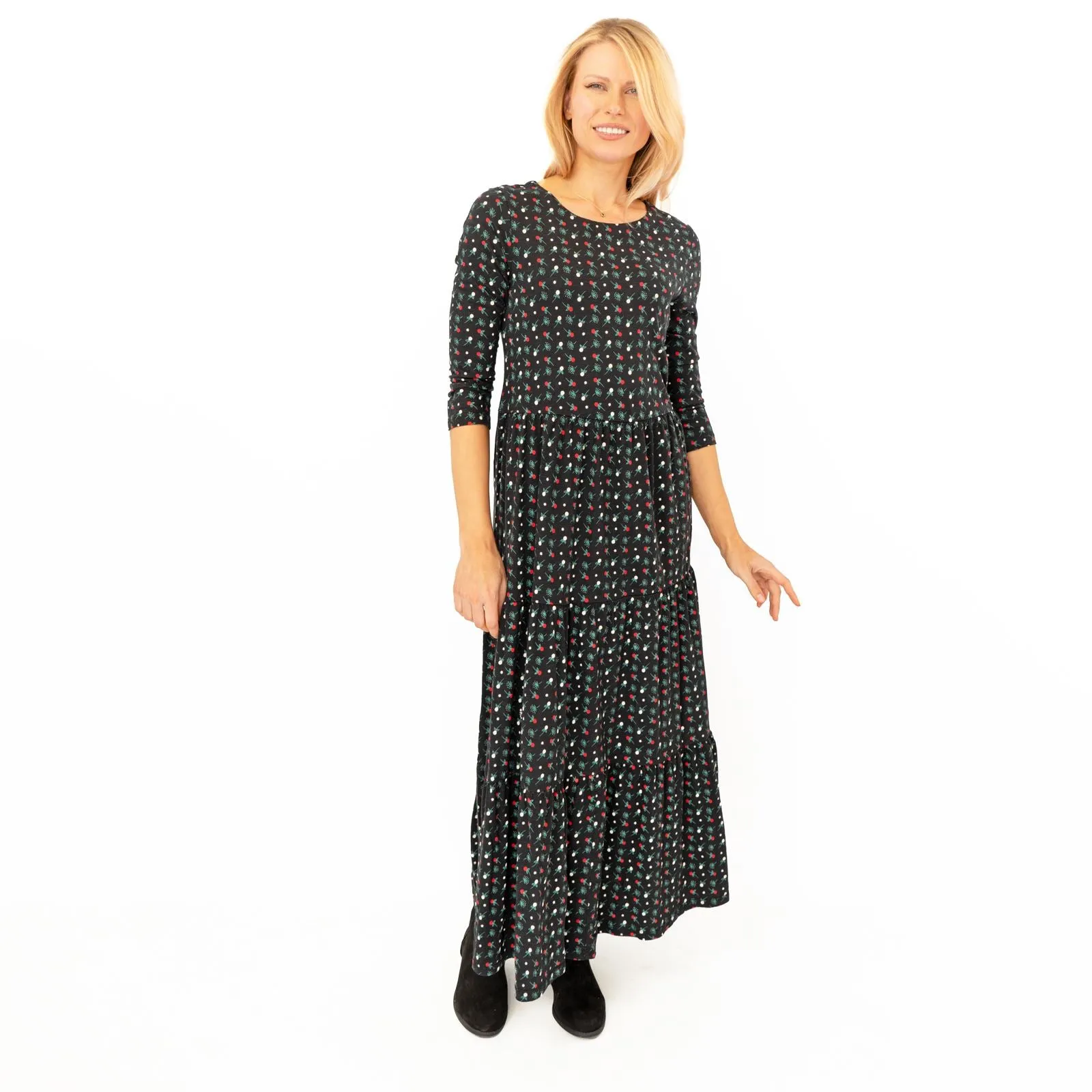 Seasalt Black Floral Line Strokes Midi Tiered Dress 3/4 Sleeve