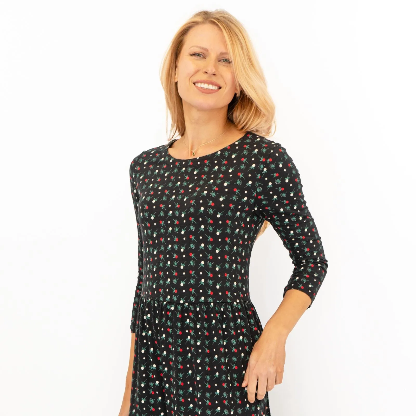 Seasalt Black Floral Line Strokes Midi Tiered Dress 3/4 Sleeve