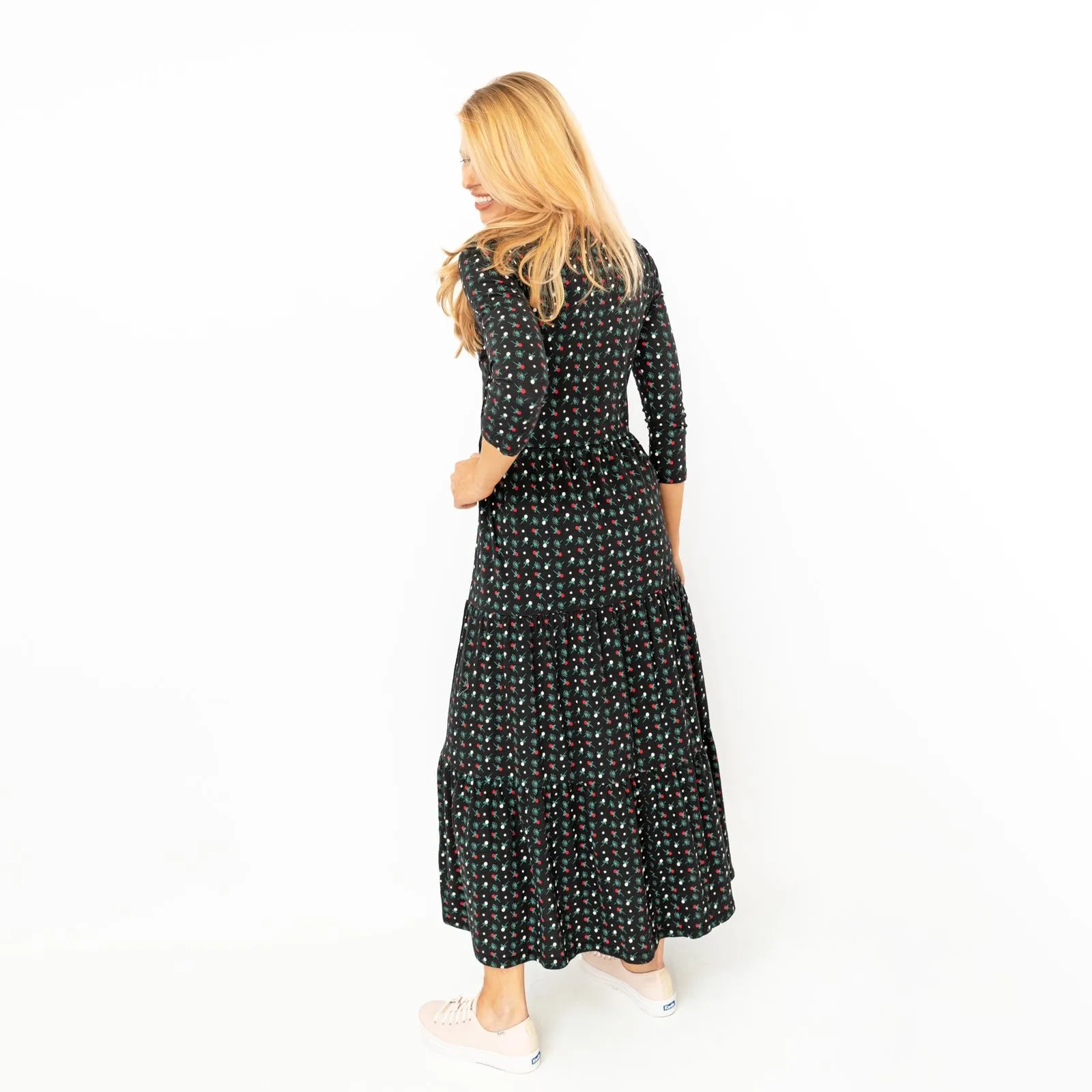 Seasalt Black Floral Line Strokes Midi Tiered Dress 3/4 Sleeve