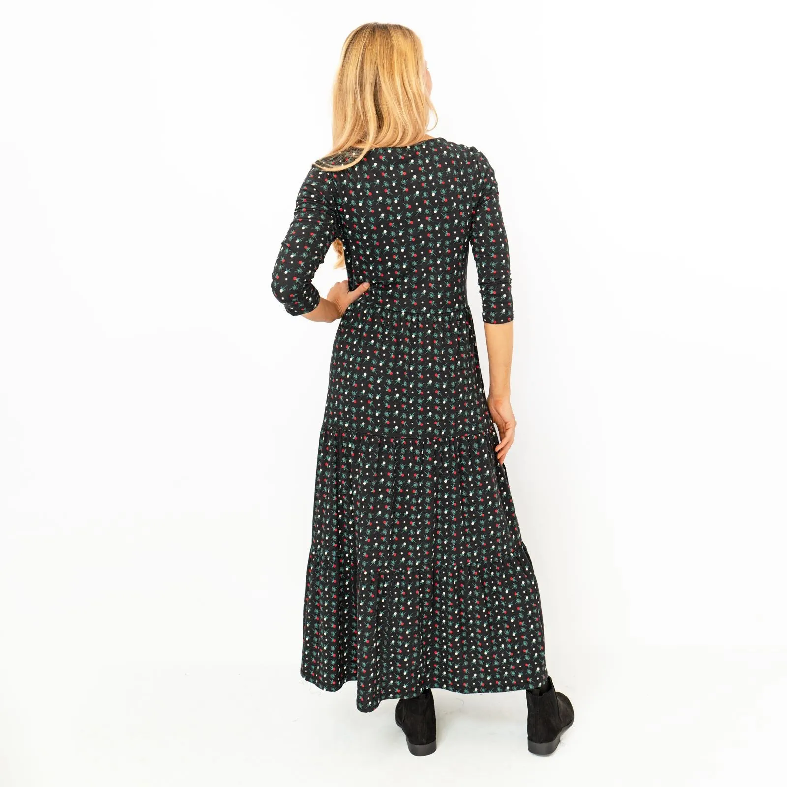 Seasalt Black Floral Line Strokes Midi Tiered Dress 3/4 Sleeve